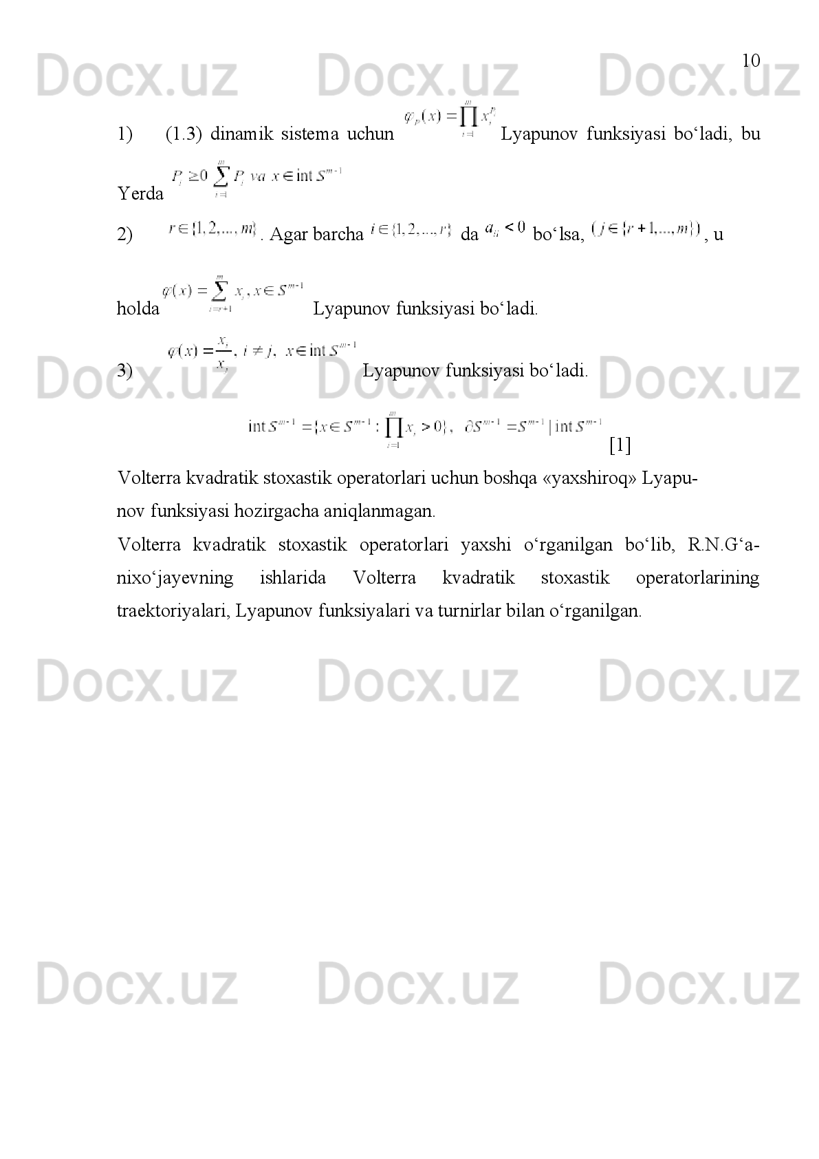 2
MUNDARIJA:
KIRISH. . . . . . . . . . . . . . . . . . . . . . . . . . . . . . . . . . . . . . . . . . . . . . . . . . . .
I BOB. KVADRATIK STOXASTIK OPERATORLAR. . . . . . . . . 
1-§.  Kvadratik stoxastik operatorlar. . . . . . . . . . . . . . . . . . . . . . . . . . . . . .
2-§ Volterra  kvadratik stoxastik operatorlar. . . . . . . . . . . . . . . . . . . . . . . 
II BOB. KUBIK STOXASTIK OPERATORLAR. . . . . . . . . . . . . . 
3-§   Bir   va   ikki   o‘lchamli   simpleksda   Volterra   tipidagi   kubik   stoxastik
operatorlar……..
4-§   Uch   o‘lchamli   simpleksda   Volterra   tipidagi   kubik   stoxastik
operatorlar.  . . . . . 
5-§   Kvazik   volterra   kubik   operatorlar   qo’zg’almas   nuqtalari   va   qirra
medianadagi dinamikasi……… 
XULOSA. . . . . . . . . . . . . . . . . . . . . . . . . . . . . . . . . . . . . . . . . . . . . . 
FOYDALANILGAN ADABIYOTLAR. . . . . . . . . . . . . . . . . . . . . .  