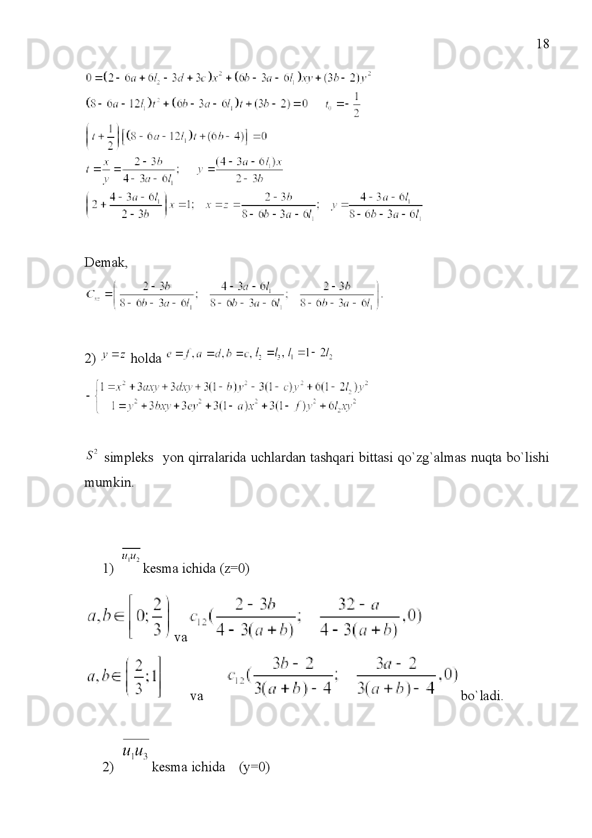 10
1) (1.3)   dinamik   sistema   uchun   Lyapunov   funksiyasi   bo‘ladi,   bu
Yerda 
2) . Agar barcha   da   bo‘lsa,  , u 
holda  Lyapunov funksiyasi bo‘ladi.
3)  Lyapunov funksiyasi bo‘ladi.
 [1]
Volterra kvadratik stoxastik operatorlari uchun boshqa «yaxshiroq» Lyapu-
nov funksiyasi hozirgacha aniqlanmagan. 
Volterra   kvadratik   stoxastik   operatorlari   yaxshi   o‘rganilgan   bo‘lib,   R.N.G‘a-
nixo‘jayevning   ishlarida   Volterra   kvadratik   stoxastik   operatorlarining
traektoriyalari, Lyapunov funksiyalari va turnirlar bilan o‘rganilgan. 