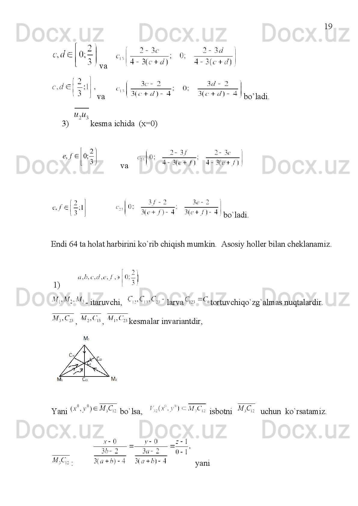 11
II BOB. KUBIK STOXASTIK OPERATORLAR.
Matematik   genetikaning   asosiy   masalalari   o‘rganishda   yuqorida   kvadrtik
stoxastik   operatorlarini,   ularning   har   xil   turlarini   ko‘rib   chiqdik.   Endi   kubik
stoxastik operatorlarini va ularning ayrim turlarin ko‘rib chiqamiz.Kubik stoxastik
operatorlari ham kvadratik stoxastik operatorlariga oxshaydi, 
o‘lchovli
simpleksda quyidagi ko‘rinishdagi 
                       (2.1)
operatorni qaraymiz, bu yerda 
                                       (2.2)
bundan tashqari,   da   larning o‘rnini almashtirganimizda   ning qiymati
o‘zgarmaydi. Ya’ni 
(2.3)
bo‘ladi.
Ta’rif   1: (2.1),   (2.2)   va   (2.3)   shartlar   bilan   aniqlangan   operator   kubik
stoxastik operatori     deyiladi.[6]
Stoxastik operatorlar simpleksni simpleksga o‘tkazadi, ya’ni  .
Bu   yerda   ham   qo‘yilgan   asosiy   masalalardan   biri   ya’ni   population   genetikaning
asosiy masalalaridan biri bu, qo‘zg‘almas nuqtalar va traektoriyalarni o‘rganish.
Ta’rif   2:   Agar     bo‘lsa.   nuqta     ga   nisbatan   qo‘zg‘almas
nuqta deyiladi, [6]
Ta’rif 3:   uchun  