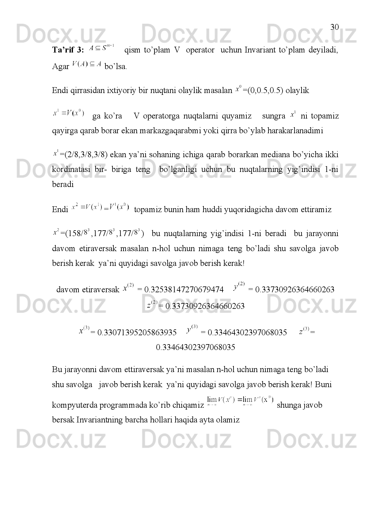 24
Tarif    3.    Agar    
    operatori   yaqobianni  
    qo ` zg ` almas     nuqtada   1   ga
teng   bo ` lmagan   ( birlik   aylanaga   tegishli  
  sonlarga   teng   bo ` lsa ,  
qo ` zg ` almas   nuqta   giperboliktipdagi   qo ` zg ` almas   tiplari    deyiladi . 
Tarif 4.  - giperbolik tipdagi qo`zg`almas  nuqta: 
1) O`zigatortuvchi  deyiladi, agar yokobian barcha xossonlari 1 dan kichik,
2) Itaruvchi  deyiladi, agar yokobian barcha xos sonlari 1 dan katta
3) Egar    nuqta  deyiladi  bazilari 1 dan katta,  bazilari 1 dan  kichik  bo`lsa.
Tarif  5.  
   operator  volterra tipida deyiladi, agar  
va bo`lsa.
Bizga     To’plamni   biz     2-o’lchovli
simpleks deb ataymiz 
Bizga o’zini-o’ziga akslantiruvchi  V- operator  berilgan bo’lsin  