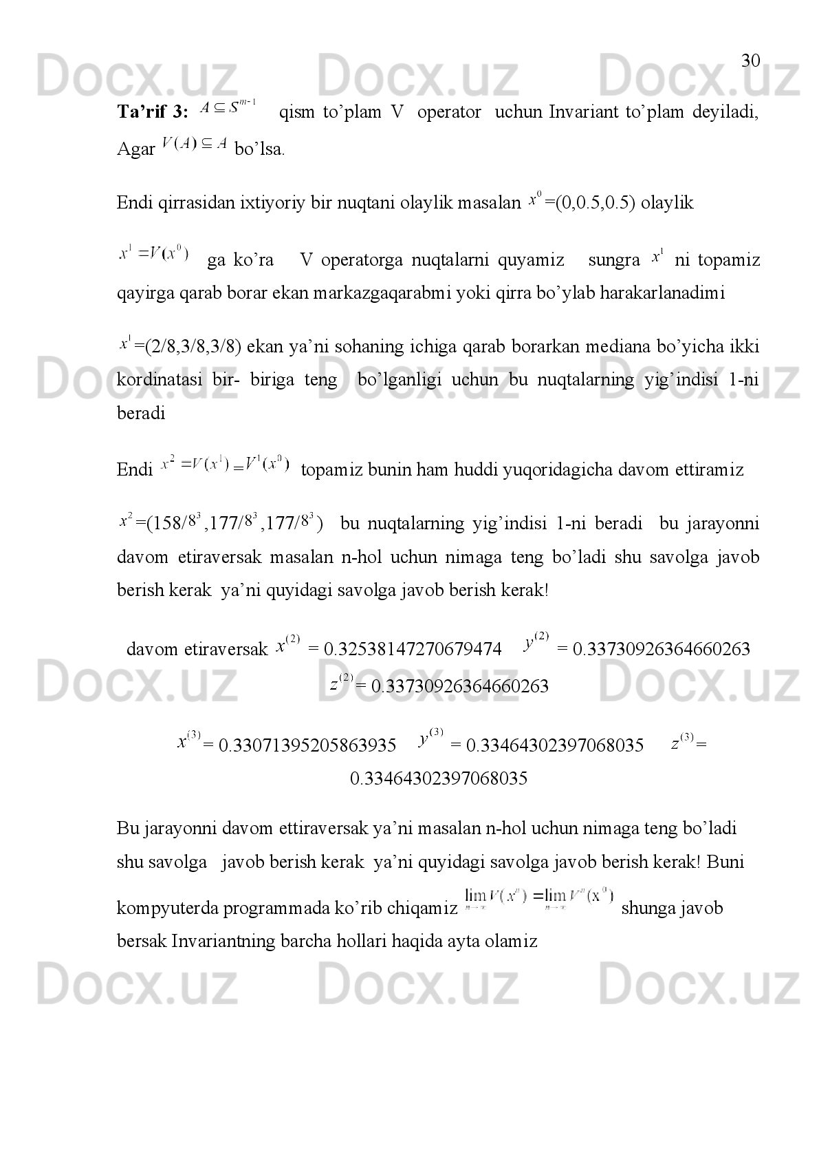 24
Tarif    3.    Agar    
    operatori   yaqobianni  
    qo ` zg ` almas     nuqtada   1   ga
teng   bo ` lmagan   ( birlik   aylanaga   tegishli  
  sonlarga   teng   bo ` lsa ,  
qo ` zg ` almas   nuqta   giperboliktipdagi   qo ` zg ` almas   tiplari    deyiladi . 
Tarif 4.  - giperbolik tipdagi qo`zg`almas  nuqta: 
1) O`zigatortuvchi  deyiladi, agar yokobian barcha xossonlari 1 dan kichik,
2) Itaruvchi  deyiladi, agar yokobian barcha xos sonlari 1 dan katta
3) Egar    nuqta  deyiladi  bazilari 1 dan katta,  bazilari 1 dan  kichik  bo`lsa.
Tarif  5.  
   operator  volterra tipida deyiladi, agar  
va bo`lsa.
Bizga     To’plamni   biz     2-o’lchovli
simpleks deb ataymiz 
Bizga o’zini-o’ziga akslantiruvchi  V- operator  berilgan bo’lsin