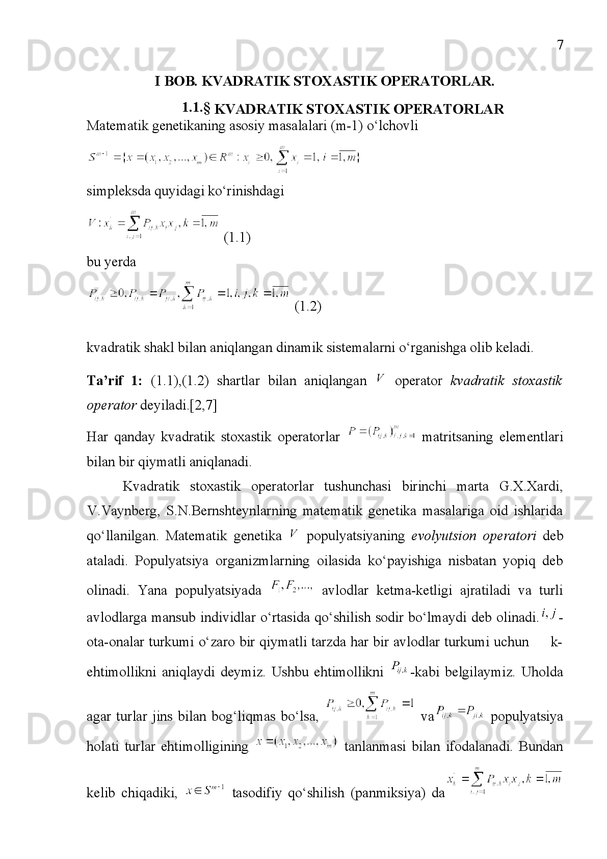 37
Ana endi biz aytaolamiz ya’ni uning limiti quyidagiga teng bo’ladi .
             =( ,   ,  )   gat eng ekan. Buning grafigi quyidagicha
bo’ladi
 
XULOSA
Mazkur   bitiruv   malakaviy   ishimda   volterra   va -volterra   tipidagi   kubik   va
kvadratik stoxastik operatorlari haqida ma’lumot berildi.
Birinchi bobning birinchi paragrafida volterra kvadratik stoxastik operatorlar
haqida ta’rif va teoremalar keltirilgan. 