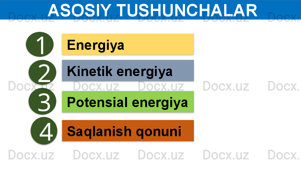   ASOSIY TUSHUNCHALAR
Energiya
Kinetik energiya
Saqlanish qonuniPotensial energiya1
2
3
4         