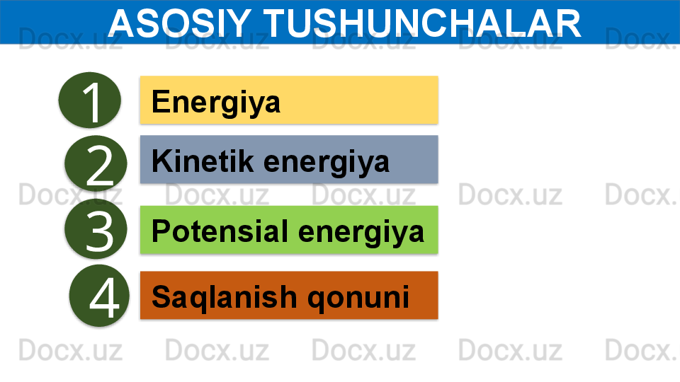 ASOSIY TUSHUNCHALAR
Energiya
Kinetik energiya
Saqlanish qonuniPotensial energiya1
2
3
4