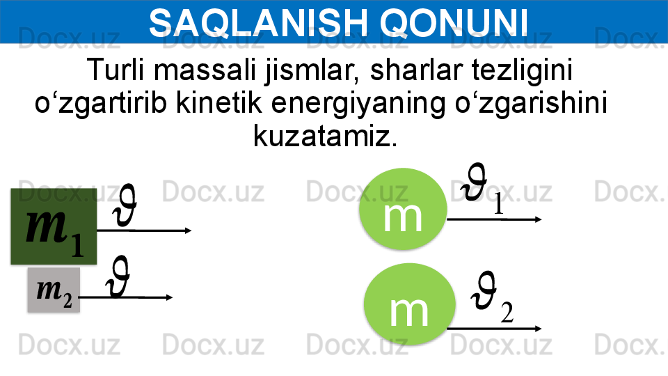   SAQLANISH QONUNI
  Turli massali jismlar, sharlar tezligini 
o‘zgartirib kinetik energiyaning o‘zgarishini  
kuzatamiz.??????	
??????	
??????	
??????	
??????
??????
m
m	
??????	
1	
??????	
2     