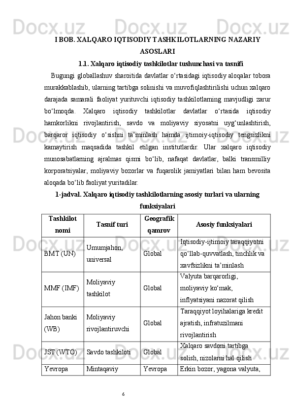 6I BOB. XALQARO IQTISODIY TASHKILOTLARNING NAZARIY
ASOSLARI
1.1. Xalqaro iqtisodiy tashkilotlar tushunchasi va tasnifi
Bugungi globallashuv sharoitida davlatlar o‘rtasidagi iqtisodiy aloqalar tobora
murakkablashib, ularning tartibga solinishi va muvofiqlashtirilishi uchun xalqaro
darajada   samarali   faoliyat   yurituvchi   iqtisodiy   tashkilotlarning   mavjudligi   zarur
bo‘lmoqda.   Xalqaro   iqtisodiy   tashkilotlar   davlatlar   o‘rtasida   iqtisodiy
hamkorlikni   rivojlantirish,   savdo   va   moliyaviy   siyosatni   uyg‘unlashtirish,
barqaror   iqtisodiy   o‘sishni   ta’minlash   hamda   ijtimoiy-iqtisodiy   tengsizlikni
kamaytirish   maqsadida   tashkil   etilgan   institutlardir.   Ular   xalqaro   iqtisodiy
munosabatlarning   ajralmas   qismi   bo‘lib,   nafaqat   davlatlar,   balki   transmilliy
korporatsiyalar,   moliyaviy   bozorlar   va   fuqarolik   jamiyatlari   bilan   ham   bevosita
aloqada bo‘lib faoliyat yuritadilar.
1-jadval. Xalqaro iqtisodiy tashkilotlarning asosiy turlari va ularning
funksiyalari
Tashkilot
nomi Tasnif turi Geografik
qamrov Asosiy funksiyalari
BMT (UN) Umumjahon, 
universal Global Iqtisodiy-ijtimoiy taraqqiyotni 
qo‘llab-quvvatlash, tinchlik va 
xavfsizlikni ta’minlash
MMF (IMF) Moliyaviy 
tashkilot Global Valyuta barqarorligi, 
moliyaviy ko‘mak, 
inflyatsiyani nazorat qilish
Jahon banki 
(WB) Moliyaviy 
rivojlantiruvchi Global Taraqqiyot loyihalariga kredit 
ajratish, infratuzilmani 
rivojlantirish
JST (WTO) Savdo tashkiloti Global Xalqaro savdoni tartibga 
solish, nizolarni hal qilish
Yevropa  Mintaqaviy  Yevropa Erkin bozor, yagona valyuta,  