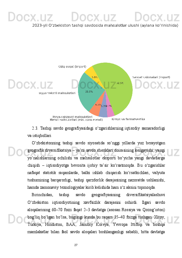 272.3.   Tashqi   savdo   geografiyasidagi   o‘zgarishlarning   iqtisodiy   samaradorligi
va istiqbollari
O‘zbekistonning   tashqi   savdo   siyosatida   so‘nggi   yillarda   yuz   berayotgan
geografik diversifikatsiya – ya’ni savdo sheriklari doirasining kengayishi, yangi
yo‘nalishlarning   ochilishi   va   mahsulotlar   eksporti   bo‘yicha   yangi   davlatlarga
chiqish   –   iqtisodiyotga   bevosita   ijobiy   ta’sir   ko‘rsatmoqda.   Bu   o‘zgarishlar
nafaqat   statistik   raqamlarda,   balki   ishlab   chiqarish   ko‘rsatkichlari,   valyuta
tushumining   barqarorligi,   tashqi   qarzdorlik   darajasining   nazoratda   ushlanishi,
hamda zamonaviy texnologiyalar kirib kelishida ham o‘z aksini topmoqda.
Birinchidan,   tashqi   savdo   geografiyasining   diversifikatsiyalashuvi
O‘zbekiston   iqtisodiyotining   xavfsizlik   darajasini   oshirdi.   Ilgari   savdo
aloqalarining  60–70   foizi   faqat   2–3  davlatga   (asosan   Rossiya   va  Qozog‘iston)
bog‘liq bo‘lgan bo‘lsa, bugungi kunda bu raqam 35–40 foizga tushgan. Xitoy,
Turkiya,   Hindiston,   BAA,   Janubiy   Koreya,   Yevropa   Ittifoqi   va   boshqa
mamlakatlar   bilan   faol   savdo   aloqalari   boshlanganligi   sababli,   bitta   davlatga 