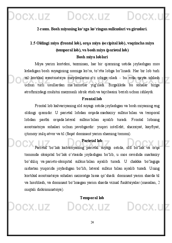 2-rasm.   Bosh miyaning ko‘zga ko‘ringan sulkuslari va giruslari.
1.5 Oldingi miya (frontal lob), orqa miya (occipital lob), vaqtincha miya
(temporal lob), va bosh miya (parietal lob)
Bosh miya loblari
Miya   yarim   korteksi,   taxminan,   har   bir   qismning   ustida   joylashgan   mos
keladigan bosh suyagining nomiga ko‘ra, to‘rtta lobga bo‘linadi. Har bir  lob turli
xil     kortikal   assotsiatsiya   maydonlarini   o‘z   ichiga   oladi   -   bu   erda   qayta   ishlash
uchun   turli   usullardan   ma’lumotlar   yig‘iladi.   Birgalikda   bu   sohalar   bizga
atrofimizdagi muhitni mazmunli idrok etish va tajribasini berish uchun ishlaydi.
Frontal lob
Frontal lob kalvariyaning old suyagi ostida joylashgan va bosh miyaning eng
oldingi   qismidir.   U   parietal   lobdan   orqada   markaziy   sulkus   bilan   va   temporal
lobdan   pastki   orqada   lateral   sulkus   bilan   ajralib   turadi.   Frontal   lobning
assotsiatsiya   sohalari   uchun   javobgardir:   yuqori   intellekt,   shaxsiyat,   kayfiyat,
ijtimoiy xulq-atvor va til (faqat dominant yarim sharning tomoni).
Parietal lob
Parietal   bo‘lak   kalvariyaning   parietal   suyagi   ostida,   old   bo‘lak   va   orqa
tomonda   oksipital   bo‘lak   o‘rtasida   joylashgan   bo‘lib,   u   mos   ravishda   markaziy
bo‘shliq   va   parieto-oksipital   sulkus   bilan   ajralib   turadi.   U   chakka   bo‘lagiga
nisbatan   yuqorida   joylashgan   bo‘lib,   lateral   sulkus   bilan   ajralib   turadi.   Uning
kortikal assotsiatsiya sohalari nazoratga hissa qo‘shadi: dominant yarim sharda til
va hisoblash, va   dominant bo‘lmagan yarim sharda   vizual funktsiyalar (masalan, 2
nuqtali diskriminatsiya).
Temporal lob
24 