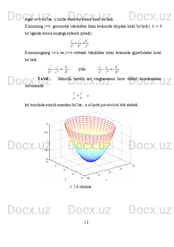 Agar  a=b  bo‘lsa, u holda doiraviy konus hosil bo‘ladi. 
Konusning  z=h   gorizontal tekisliklar bilan kesimida ellipslar hosil bo‘ladi (  h   0
bo‘lganda konus nuqtaga aylanib qoladi):
                                            
Konusningning   x=h   va   y=h   vertikal   tekisliklar   bilan   kesimida   giperbolalar   hosil
bo‘ladi:
                                 yoki            
            Ta’rif   .       Ikkinchi   tartibli   sirt   tenglamasini   biror   dekart   koordinatalar
sistemasida
                                              
ko’rinishida yozish mumkin bo’lsa , u  elliptik paraboloid  deb ataladi.
                 
                                            1.2.6-chizma
                                                          13 