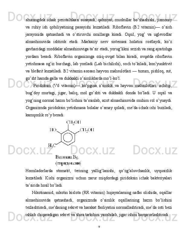 shuningdek   ichak   peristaltikasi   susayadi,   qabziyat,   muskullar   bo’shashishi,   jismoniy
va   ruhiy   ish   qobiliyatining   pasayishi   kuzatiladi.   Riboflavin   (B2   vitamin)—   o’sish
jarayonida   qatnashadi   va   o’stiruvchi   omillarga   kiradi.   Oqsil,   yog’   va   uglevodlar
almashinuvida   ishtirok   etadi.   Markaziy   nerv   sistemasi   holatini   rostlaydi,   ko’z
gavharidagi moddalar almashinuviga ta’sir etadi, yorug’likni sezish va rang ajratishga
yordam   beradi.   Riboflavin   organizmga   oziq-ovqat   bilan   kiradi,   ovqatda   riboflavin
yetishmasa og’iz burchagi, lab yoriladi (Lab bichilishi), soch to’kiladi, kon’yunktivit
va blefarit kuzatiladi. B2 vitamin asosan hayvon mahsulotlari — tuxum, pishloq, sut,
go’sht hamda galla va dukkakli o’simliklarda mo’l-ko’l.
        Piridoksin   (V6   vitamin)—   ko’pgina   o’simlik   va   hayvon   mahsulotlari:   achitqi,
bug’doy   murtagi,   jigar,   baliq,   mol   go’shti   va   dukkakli   donda   bo’ladi.   U   oqsil   va
yog’ning normal hazm bo’lishini ta’minlab, azot almashinuvida muhim rol o’ynaydi.
Organizmda piridoksin yetishmasa bolalar  o’smay qoladi, me’da-ichak ishi  buziladi,
kamqonlik ro’y beradi. 
                            
Homiladorlarda   stomatit,   terining   yallig’lanishi,   qo’zg’aluvchanlik,   uyqusizlik
kuzatiladi.   Kishi   organizmi   uchun   zarur   miqdordagi   piridoksin   ichak   bakteriyalari
ta’sirida hosil bo’ladi.
        Nikotinamid,   nikotin   kislota   (RR   vitamin)   hujayralarning   nafas   olishida,   oqsillar
almashinuvida   qatnashadi,   organizmda   o’simlik   oqsillarining   hazm   bo’lishini
tezlashtiradi, me’daning sekret va harakat faoliyatini normallashtiradi, me’da osti bezi
ishlab chiqaradigan sekret va shira tarkibini yaxshilab, jigar ishini barqarorlashtiradi.
9 