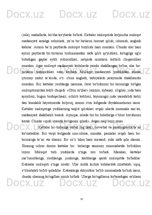 (oila), mahallada, ko'cha-ko'ylarda bo'ladi. Kattalar muloqotida ko'pincha muloqot
madaniyati   amalga   oshiriladi,   ya’ni   bir-birlarini   hurmat   qilish,   ishonish,   anglash
kabilar.  Ammo  ba’zi  paytlarda  muloqot   buzilishi  ham  mumkin.  Chunki  ular  ham
ayrim   paytlarda   bir-birlarini   tushunmasdan   xafa   qilib   qo'yishlari,   ko'ngilga   og'ir
botadigan   gaplar   aytib   yuborishlari,   natijada   nizolarni   keltirib   chiqarishlari
mumkin. Agar  muloqot  madaniyati  kishilarda yaxshi  shakllangan  bo'lsa,  ular  bir-
birlarini   tushunishlari   oson   kechadi.   Muloqot   madaniyati   yoshlikdan   oilada,
ijtimoiy   muhit   ta’sirida,   o'z-   o'zini   anglash,   tarbiyalash   jarayonida   shakllanishi
mumkin.   Biz   kattalar   yoshlarga   namuna,   ibrat   bo'lishimiz   bir-birimizga   bo'lgan
muloqotimizdan kelib chiqadi. «Oltin so'zlar» (azizim, aylanay, o'rgilay, juda ham
ajoyibsiz,   bugun   boshqachasiz,   ochilib   ketibsiz,   kiyimingiz   juda   yarashibdi   kabi)
dan   kundalik   hayotimizda   ko'proq,   ammo   o'mi   kelganda   foydalanishimiz   zarur.
Kattalar   muloqotiga   yoshlarning   taqlid   qilishlari   orqali   ularda   muomala   san’ati,
madaniyati shakllanib boradi. Ayniqsa, oilada biz bu holatlarga e’tibor berishimiz
kerak. Chunki «qush uyasida ko'rganini qiladi», degan naql bejiz emas.
                             Kattalar bir-birlariga verbal (og‘zaki), noverbal va paralingvistik ta’sir
ko'rsatadilar.   Biz   vaqti   kelganda   imo-ishora,   mimika,   pauzalar   orqali   ham   bir-
birimizga   ta’sir   eta   olamiz.   Bir   so‘z   bilan   ham   xursand,   yoki   xafa   qila   olamiz.
Shuning   uchun   doimo   kattalar   bir-   birlariga   samimiy   munosabatda   bo'lishlari
lozim.   Muloqot   turli   yoshlarda   o'ziga   xos   bo'ladi.   Masalan,   kattalar
ma’lumotlariga,   yoshlariga,   jinslariga,   kasblariga   qarab   muloqotda   bo'ladilar.
Keksalar   muloqoti   o'ziga   xosdir.   Ular   xuddi   kichik   bolalardek   izzattalab,   injiq,
e’tibortalab bo'lib qoladilar. Keksalarga ehtiyotkor bo'lib muomalada bo'lish zarur,
chunki ulaming ko'ngillari nozik bo'ladi. Ularga ko'ngillarini ko'taradigan so'zlarni
13 