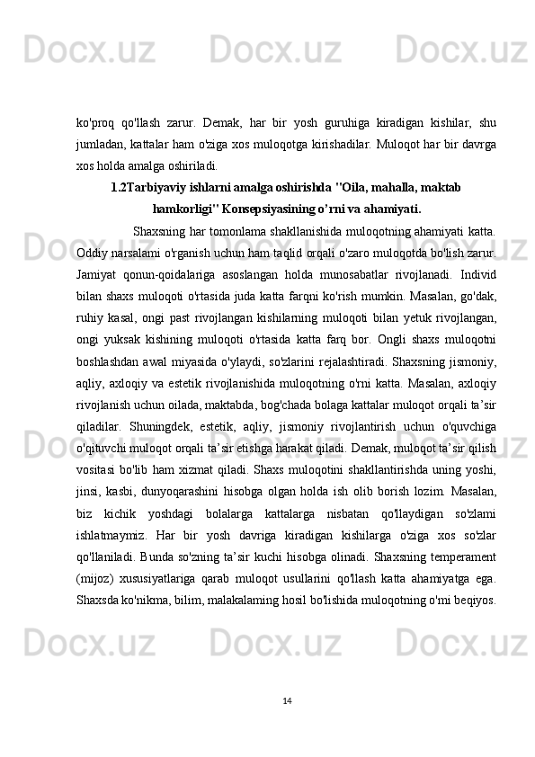 ko'proq   qo'llash   zarur.   Demak,   har   bir   yosh   guruhiga   kiradigan   kishilar,   shu
jumladan, kattalar ham o'ziga xos muloqotga kirishadilar. Muloqot har bir davrga
xos holda amalga oshiriladi. 
1.2Tarbiyaviy ishlarni amalga oshirishda "Oila, mahalla, maktab
hamkorligi" Konsepsiyasining o’rni va ahamiyati.
                           Shaxsning har tomonlama shakllanishida muloqotning ahamiyati katta.
Oddiy narsalami o'rganish uchun ham taqlid orqali o'zaro muloqotda bo'lish zarur.
Jamiyat   qonun-qoidalariga   asoslangan   holda   munosabatlar   rivojlanadi.   Individ
bilan shaxs muloqoti o'rtasida juda katta farqni ko'rish mumkin. Masalan,  go'dak,
ruhiy   kasal,   ongi   past   rivojlangan   kishilarning   muloqoti   bilan   yetuk   rivojlangan,
ongi   yuksak   kishining   muloqoti   o'rtasida   katta   farq   bor.   Ongli   shaxs   muloqotni
boshlashdan  awal  miyasida   o'ylaydi,  so'zlarini   rejalashtiradi.   Shaxsning   jismoniy,
aqliy,   axloqiy   va   estetik   rivojlanishida   muloqotning   o'rni   katta.   Masalan,   axloqiy
rivojlanish uchun oilada, maktabda, bog'chada bolaga kattalar muloqot orqali ta’sir
qiladilar.   Shuningdek,   estetik,   aqliy,   jismoniy   rivojlantirish   uchun   o'quvchiga
o'qituvchi muloqot orqali ta’sir etishga harakat qiladi. Demak, muloqot ta’sir qilish
vositasi   bo'lib   ham   xizmat   qiladi.   Shaxs   muloqotini   shakllantirishda   uning   yoshi,
jinsi,   kasbi,   dunyoqarashini   hisobga   olgan   holda   ish   olib   borish   lozim.   Masalan,
biz   kichik   yoshdagi   bolalarga   kattalarga   nisbatan   qo'llaydigan   so'zlami
ishlatmaymiz.   Har   bir   yosh   davriga   kiradigan   kishilarga   o'ziga   xos   so'zlar
qo'llaniladi.   Bunda   so'zning   ta’sir   kuchi   hisobga   olinadi.   Shaxsning   temperament
(mijoz)   xususiyatlariga   qarab   muloqot   usullarini   qo'llash   katta   ahamiyatga   ega.
Shaxsda ko'nikma, bilim, malakalaming hosil bo'lishida muloqotning o'mi beqiyos.
14 