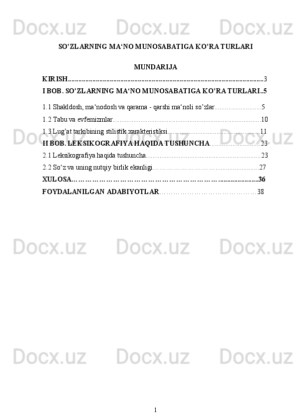 SO’ZLARNING MA‘NO MUNOSABATIGA KO’RA TURLARI
MUNDARIJA
KIRISH................................................................................................................ 3
I BOB.  SO’ZLARNING MA‘NO MUNOSABATIGA KO’RA TURLARI..5
1.1 Shakldosh, ma‘nodosh va qarama - qarshi ma‘noli so’zlar...........................5
1.2 Tabu va evfemizmlar.....................................................................................10
1.3 Lug’at tarkibining stilistik xarakteristiksi.....................................................11
II BOB. LEKSIKOGRAFIYA HAQIDA TUSHUNCHA .............................23
2.1 Leksikografiya haqida tushuncha..................................................................23
2.2  So‘z va uning nutqiy birlik ekanligi……………………….........................27
XULOSA……………………………………………………….......................36
FOYDALANILGAN   ADABIYOTL AR ……………………………………38
1 