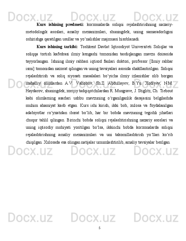 Kurs   ishining   predmeti:   korxonalarda   soliqni   rejalashtirishning   nazariy-
metodologik   asoslari,   amaliy   mexanizmlari,   shuningdek,   uning   samaradorligini
oshirishga qaratilgan usullar va yo nalishlar majmuasi hisoblanadi.ʻ
Kurs   ishining   tarkibi:   Toshkent   Davlat   Iqtisodiyot   Universiteti   Soliqlar   va
soliqqa   tortish   kafedrasi   ilmiy   kengashi   tomonidan   tasdiqlangan   mavzu   doirasida
tayyorlangan.   Ishning   ilmiy   rahbari   iqtisod   fanlari   doktori,   professor   [Ilmiy   rahbar
ismi] tomonidan nazorat qilingan va uning tavsiyalari asosida shakllantirilgan. Soliqni
rejalashtirish   va   soliq   siyosati   masalalari   bo yicha   ilmiy   izlanishlar   olib   borgan	
ʻ
mahalliy   olimlardan   A.V.   Vahobov,   Sh.Z.   Abdullayev,   B.Yu.   Xodiyev,   N.M.
Haydarov, shuningdek, xorijiy tadqiqotchilardan R. Musgrave, J. Stiglitz, Ch. Tiebout
kabi   olimlarning   asarlari   ushbu   mavzuning   o rganilganlik   darajasini   belgilashda
ʻ
muhim   ahamiyat   kasb   etgan.   Kurs   ishi   kirish,   ikki   bob,   xulosa   va   foydalanilgan
adabiyotlar   ro yxatidan   iborat   bo lib,   har   bir   bobda   mavzuning   tegishli   jihatlari	
ʻ ʻ
chuqur   tahlil   qilingan.   Birinchi   bobda   soliqni   rejalashtirishning   nazariy   asoslari   va
uning   iqtisodiy   mohiyati   yoritilgan   bo lsa,   ikkinchi   bobda   korxonalarda   soliqni	
ʻ
rejalashtirishning   amaliy   mexanizmlari   va   uni   takomillashtirish   yo llari   ko rib	
ʻ ʻ
chiqilgan. Xulosada esa olingan natijalar umumlashtirilib, amaliy tavsiyalar berilgan.
5 