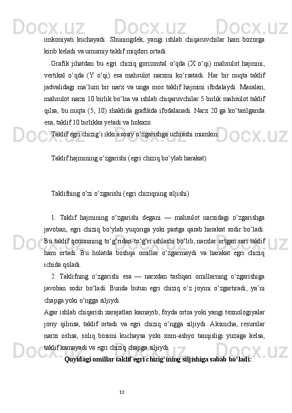 13imkoniyati   kuchayadi.   Shuningdek,   yangi   ishlab   chiqaruvchilar   ham   bozorga
kirib keladi va umumiy taklif miqdori ortadi.
Grafik   jihatdan   bu   egri   chiziq   gorizontal   o‘qda   (X   o‘qi)   mahsulot   hajmini,
vertikal   o‘qda   (Y   o‘qi)   esa   mahsulot   narxini   ko‘rsatadi.   Har   bir   nuqta   taklif
jadvalidagi   ma’lum   bir   narx   va   unga   mos   taklif   hajmini   ifodalaydi.   Masalan,
mahsulot narxi 10 birlik bo‘lsa va ishlab chiqaruvchilar 5 birlik mahsulot taklif
qilsa, bu nuqta (5; 10) shaklida grafikda ifodalanadi. Narx 20 ga ko‘tarilganda
esa, taklif 10 birlikka yetadi va hokazo.
Taklif egri chizig‘i ikki asosiy o‘zgarishga uchrashi mumkin:
Taklif hajmining o‘zgarishi (egri chiziq bo‘ylab harakat)
Taklifning o‘zi o‘zgarishi (egri chiziqning siljishi)
1.   Taklif   hajmining   o‘zgarishi   degani   —   mahsulot   narxidagi   o‘zgarishga
javoban,  egri   chiziq bo‘ylab  yuqoriga  yoki  pastga  qarab  harakat  sodir   bo‘ladi.
Bu taklif qonunining to‘g‘ridan-to‘g‘ri ishlashi bo‘lib, narxlar ortgan sari taklif
ham   ortadi.   Bu   holatda   boshqa   omillar   o‘zgarmaydi   va   harakat   egri   chiziq
ichida qoladi.
2.   Taklifning   o‘zgarishi   esa   —   narxdan   tashqari   omillarning   o‘zgarishiga
javoban   sodir   bo‘ladi.   Bunda   butun   egri   chiziq   o‘z   joyini   o‘zgartiradi,   ya’ni
chapga yoki o‘ngga siljiydi.
Agar ishlab chiqarish xarajatlari kamayib, foyda ortsa yoki yangi texnologiyalar
joriy   qilinsa,   taklif   ortadi   va   egri   chiziq   o‘ngga   siljiydi.   Aksincha,   resurslar
narxi   oshsa,   soliq   bosimi   kuchaysa   yoki   xom-ashyo   tanqisligi   yuzaga   kelsa,
taklif kamayadi va egri chiziq chapga siljiydi.
Quyidagi omillar taklif egri chizig‘ining siljishiga sabab bo‘ladi: 