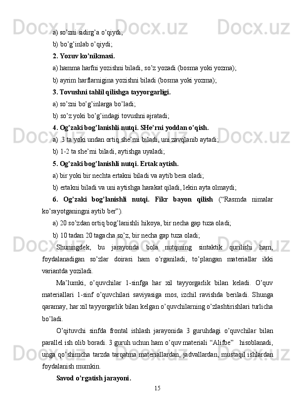 a) so’zni sidirg’a o’qiydi;
b) bo’g’inlab o’qiydi;
2. Yozuv ko’nikmasi.
a) hamma harfni yozishni biladi, so’z yozadi (bosma yoki yozma);
b) ayrim harflarnigina yozishni biladi (bosma yoki yozma);
3. Tovushni tahlil qilishga tayyorgarligi.
a) so’zni bo’g’inlarga bo’ladi; 
b) so’z yoki bo’g’indagi tovushni ajratadi;
4. Og’zaki bog’lanishli nutqi. SHe’rni yoddan o’qish.
a)  3 ta  yoki undan ortiq  she ’ rni biladi, uni zavqlanib aytadi ;
b) 1-2   ta she ’ rni biladi, aytishga uyaladi ;
5.   O g’ zaki bo g’ lanishli nutq i . Ertak aytish.
a) bir yoki bir nechta ertakni biladi  va  ayti b bera oladi;
b) ertakni biladi va uni aytishga harakat qiladi, lekin ayta olmaydi;
6.   Og’zaki   bog’lanishli   nutqi.   Fikr   bayon   qilish   (“Rasmda   nimalar
ko’rayotganingni aytib ber”).
a) 20 so’zdan ortiq bo g’ lanishli hikoya, bir necha gap  tuza oladi;
b) 10   tadan 20 tagacha so’z, bir necha gap  tuza oladi;
S h uningdek,   bu   jarayonda   bola   nutqining   sintaktik   qurilishi   ham,
foydalanadigan   so’zlar   doirasi   ham   o’rganiladi,   to’plangan   materiallar   ikki
variantda yoziladi.
Ma’lumki,   o’quvchilar   1-sinfga   har   xil   tayyorgarlik   bilan   keladi.   O’quv
materiallari   1-sinf   o’quvchilari   saviyasiga   mos,   izchil   ravishda   beriladi.   S h unga
qaramay, har xil tayyorgarlik bilan kelgan o’quvchilarning o’zlashtirishlari turlicha
bo’ladi. 
O’qituvchi   sinfda   frontal   ishlash   jarayonida   3   guru h dagi   o’quvchilar   bilan
parallel   ish   olib boradi. 3 guruh uchun ham o’quv materiali  “A lifbe ”    hisoblanadi,
unga   qo’shimcha   tarzda   tarqatma   materiallardan,   jadvallardan ,   mu st aqil   ishlardan
foydala nish mumkin .
Savod o’rgatish jarayoni .
15