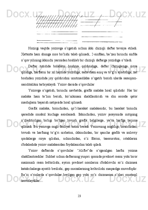 Hozirgi   vaqtda   yozuvga   o’rgatish   uchun   ikki   chiziqli   daftar   tavsiya   etiladi.
Xattaxta ham shunga mos bo’lishi talab qilinadi; 2-sinfdan, ba’zan birinchi sinfda
o’quv yilining ikkinchi yarmidan boshlab bir chiziqli daftarga yozishga o’tiladi.
Daftar   tutishda   bolalarni   hoshiya   qoldirishga,   daftar   chiziqlariga   rioya
qilishga, harflarni bir xil hajmda yozishga, sarlavhani aniq va to’g’ri ajratishga, xat
boshidan   yozishda   joy   qoldirishni   unutmaslikka   o’rgatib   borish   ularda   saranjom-
sarishtalikni tarbiyalaydi. Yozuv darsida o’quvchilar 
Yozuvga   o’rgatish,   birinchi   navbatda,   grafik   malaka   hosil   qilishdir.   Har   bir
malaka   ham   ta ’ lim   berish,   ko’nikmani   shakllantirish   va   shu   asosda   qator
mashqlarni bajarish natijasida hosil qilinadi.
Grafik   malaka,   birinchidan,   qo’l-harakat   malakasidir,   bu   harakat   birinchi
qarashda   muskul   kuchiga   asoslanadi.   Ikkinchidan,   yozuv   jarayonida   nutqning
o’zlashtirilgan   birligi   b o’ lgan   tovush   grafik   belgilarga,   ya ’ ni   harfga   tarjima
qilinadi.  Bu yozuvga ongli faoliyat tusini beradi. Yozuvning ongliligi, birinchidan,
tovush   va   harfning   to’g’ri   nisbatini,   ikkinchidan,   bir   qancha   grafik   va   imloviy
qoidalarga   rioya   qilishni,   uchinchidan,   o’z   fikrini,   taassurotini,   istaklarini
ifodalashda yozuv malakasidan foydalanishni talab qiladi.
Yozuv   daftarida   o’quvchilar   “Alifbe”da   o’rganilgan   harfni   yozma
shakllantiradilar. Suhbat uchun daftarning yuqori qismida predmet rasmi yoki biror
mazmunli   rasm   keltirilishi,   ayrim   predmet   nomlarini   ifodalovchi   so’z   chizmasi
katakchalarga ajratib berilishi, gap nusxalarining keltirilishi maqsadga muvofiqdir.
Ba’zi   o’rinlarda   o’quvchilar   berilgan   gap   yoki   so’z   chizmasini   o’zlari   mustaqil
tasvirlaydilar.  
23 