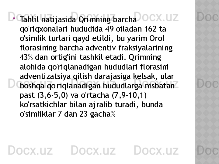 
Tahlil natijasida Qrimning barcha 
qo'riqxonalari hududida 49 oiladan 162 ta 
o'simlik turlari qayd etildi, bu yarim Orol 
florasining barcha adventiv fraksiyalarining 
43% dan ortig'ini tashkil etadi. Qrimning 
alohida qo'riqlanadigan hududlari florasini 
adventizatsiya qilish darajasiga kelsak, ular 
boshqa qo'riqlanadigan hududlarga nisbatan 
past (3,6-5,0) va o'rtacha (7,9-10,1) 
ko'rsatkichlar bilan ajralib turadi, bunda 
o'simliklar 7 dan 23 gacha%  