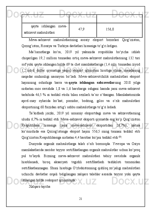 qayta   ishlangan   meva-
sabzavot mahsulotlari 47,9 156,0
Meva-sabzavot   mahsulotlarining   asosiy   eksport   bozorlari   Qirg‘iziston,
Qozog‘iston, Rossiya va Turkiya davlatlari hissasiga to‘g‘ri kelgan.
Ma’lumotlarga   ko‘ra,   2019   yil   yakunida   respublika   bo‘yicha   ishlab
chiqarilgan   19,2   million   tonnadan   ortiq   meva-sabzavot   mahsulotlarining   132   turi
sof yoki qayta ishlangan holda 69 ta chet mamlakatlariga (1,4 mln. tonnadan ziyod
1,2   mlrd.   dollar   qiymatiga   yaqin)   eksport   qilinishini   hisobga   olinsa,   masalaning
naqadar   muhimligi   namoyon   bo‘ladi.   Meva-sabzavotchilik   mahsulotlari   eksport
hajmining   oshishiga   barra   va   qayta   ishlangan   sabzavotlar ning   2018   yilga
nisbatan   mos   ravishda   1,8   va   1,6   barobarga   oshgani   hamda   jami   meva-sabzavot
tarkibida 46,5 %  ni  tashkil  etishi  bilan sezilarli  ta’sir o‘tkazgan. Mamlakatimizda
aprel-may   oylarida   ko‘kat,   pomidor,   bodring,   gilos   va   o‘rik   mahsulotlari
eksportining 60 foizidan ortig‘i ushbu mahsulotlarga to‘g‘ri keladi.
Ta’kidlash   joizki,   2019   yil   umumiy   eksportdagi   meva   va   sabzavotlarning
ulushi 6,7% ni tashkil etdi. Meva-sabzavot eksporti qiymatda eng ko‘p Qirg‘iziston
Respublikasi   hissasiga   (jami   meva-sabzavot   eksportidan   26,7%),   natura
ko‘rinishida   esa   Qozog‘istonga   eksport   hajmi   556,5   ming   tonnani   tashkil   etib
Qirg‘iziston Respublikasiga nisbatan 4,4 barobar ko‘pni tashkil etdi   (3)
.
Dunyoda   organik   mahsulotlarga   talab   o‘sib   bormoqda.   Yevropa   va   Osiyo
mamlakatlarida xaridor tayyor sertifikatlangan organik mahsulotlar uchun ko‘proq
pul   to‘laydi.   Bizning   meva-sabzavot   mahsulotlari   tabiiy   ravishda   organik
hisoblanadi,   biroq   aksariyati   tegishli   sertifikatlash   tashkiloti   tomonidan
sertifikatlanmagan. Shuni hisobiga O‘zbekistonning qishloq xo‘jaligi mahsulotlari
uchinchi   davlatlar   orqali   belgilangan   xalqaro   talablar   asosida   tayyor   yoki   qayta
ishlangan holda reeksport qilinmoqda.
Xalqaro tajriba
21 