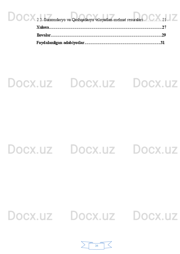 342.2. Surxondaryo va Qashqadaryo viloyatlari mehnat resurslari..................21
Xulosa...........................................................................................................27
Ilovalar.........................................................................................................29
Foydalanilgan adabiyotlar........................................................................31 
