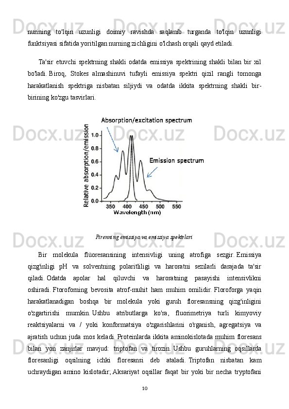 nurining   to'lqin   uzunligi   doimiy   ravishda   saqlanib   turganda   to'lqin   uzunligi
funktsiyasi sifatida yoritilgan nurning zichligini o'lchash orqali qayd etiladi.
Ta'sir   etuvchi   spektrning   shakli   odatda   emissiya   spektrining   shakli   bilan   bir   xil
bo'ladi.   Biroq,   Stokes   almashinuvi   tufayli   emissiya   spektri   qizil   rangli   tomonga
harakatlanish   spektriga   nisbatan   siljiydi   va   odatda   ikkita   spektrning   shakli   bir-
birining ko'zgu tasvirlari .
Pirenning emissiya va emissiya spektrlari
Bir   molekula   flüoresansining   intensivligi   uning   atrofiga   sezgir.   Emissiya
qizg'inligi   pH   va   solventning   polaritliligi   va   haroratni   sezilarli   darajada   ta'sir
qiladi.   Odatda   apolar   hal   qiluvchi   va   haroratning   pasayishi   intensivlikni
oshiradi.   Ftoroforning   bevosita   atrof-muhit   ham   muhim   omilidir.   Floroforga   yaqin
harakatlanadigan   boshqa   bir   molekula   yoki   guruh   floresansning   qizg'inligini
o'zgartirishi   mumkin.   Ushbu   atributlarga   ko'ra,   fluorimetriya   turli   kimyoviy
reaktsiyalarni   va   /   yoki   konformatsiya   o'zgarishlarini   o'rganish,   agregatsiya   va
ajratish   uchun   juda   mos   keladi.   Proteinlarda   ikkita   aminokislotada   muhim   floresans
bilan   yon   zanjirlar   mavjud:   triptofan   va   tirozin.   Ushbu   guruhlarning   oqsillarda
floresanligi   oqsilning   ichki   floresansi   deb   ataladi.   Triptofan   nisbatan   kam
uchraydigan   amino   kislotadir;   Aksariyat   oqsillar   faqat   bir   yoki   bir   necha   tryptofani
10 