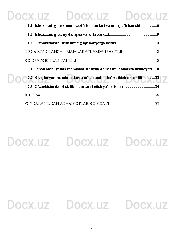 1.1. Ishsizlikning mazmuni, vazifalari, turlari va uning o’lchanishi ................ 6
1.2. Ishsizlikning tabiiy darajasi va to’la bandlik .............................................. 9
1.3. O’zbekistonda ishsizlikning iqtisodiyotga ta’siri ...................................... 14
II BOB RIVOJLANGAN MAMLAKATLARDA ISHSIZLIK .............................. 18
KO’RSATKICHLAR TAHLILI .............................................................................. 18
2.1. Jahon amaliyotida mamlakat ishsizlik darajasini baholash uslubiyati ... 18
2.2. Rivojlangan mamlakatlarda to’la bandlik ko’rsatkichlar tahlili ............ 22
2.3. O’zbekistonda ishsizlikni bartaraf etish yo’nalishlari .............................. 24
XULOSA .................................................................................................................. 29
FOYDALANILGAN ADABIYOTLAR RO’YXATI ............................................. 32
2   