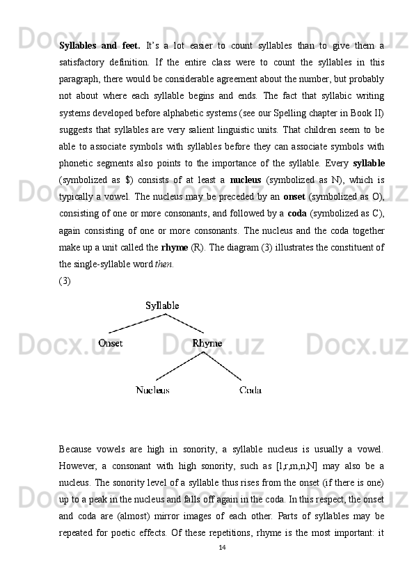 Syllables   and   feet.   It’s   a   lot   easier   to   count   syllables   than   to   give   them   a
satisfactory   definition.   If   the   entire   class   were   to   count   the   syllables   in   this
paragraph, there would be considerable agreement about the number, but probably
not   about   where   each   syllable   begins   and   ends.   The   fact   that   syllabic   writing
systems devel oped before alphabetic systems (see our Spelling chapter in Book II)
sug gests   that   syllables   are   very   salient   linguistic   units.   That   children   seem   to   be
able   to   associate   symbols   with   syllables   before   they   can   associate   symbols   with
phonetic   segments   also   points   to   the   importance   of   the   syllable.   Every   syllable
(symbolized   as   $)   consists   of   at   least   a   nucleus   (symbolized   as   N),   which   is
typically  a  vowel.  The  nucleus   may  be  preceded  by  an   onset   (symbolized  as   O),
consisting of one or more consonants, and followed by a   coda   (symbolized as C),
again   consisting   of   one   or   more   consonants.   The   nucleus   and   the   coda   together
make up a unit called the  rhyme  (R). The diagram (3) illustrates the constituent of
the single-syllable word  then . 
(3) 
Because   vowels   are   high   in   sonority,   a   syllable   nucleus   is   usually   a   vowel.
However,   a   consonant   with   high   sonority,   such   as   [l,r,m,n,N]   may   also   be   a
nucleus. The sonority level of a syllable thus rises from the onset (if there is one)
up to a peak in the nucleus and falls off again in the coda. In this respect, the onset
and   coda   are   (almost)   mirror   images   of   each   other.   Parts   of   syllables   may   be
repeated   for   poetic   effects.   Of   these   repetitions,   rhyme   is   the   most   important:   it
14 