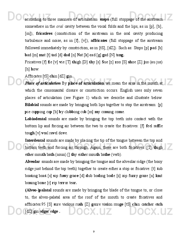 according   to   three   manners   of   articulation:   stops   (full   stoppage   of   the   airstream
some where in the   oral   cavity between the vocal  folds and the lips, as  in [p], [b],
[m]);   fricatives   (constriction   of   the   airstream   in   the   oral   cavity   produc ing
turbulence   and   noise,   as   in   [f],   [v]);   affricates   (full   stoppage   of   the   airstream
followed immediately by constriction, as in [tS], [dZ]). Such as: Stops [p]   p ad [b]
b ad [m]  m at [t]  t ad [d]  d a d  [n]  N at [k]  c ad [g]  g ad [N] ta ng.
Fricatives [f]  f ie [v]  v ie [T]  th igh [D]  th y [s]  S ue [z]  z oo [S]  sh oe [Z]  j us (au jus)
[h]  h ow.
Affricates [tS]  ch in [dZ]  g in.
Place of articulation   By   place of articulation   we mean the area in the mouth at
which   the   con sonantal   closure   or   constriction   occurs.   English   uses   only   seven
places   of   articulation   (see   Figure   1)   which   we   describe   and   illustrate   below.
Bilabial   sounds are made by bringing both lips together to stop the air stream: [p]
p ie cu pp ing cu p  [b]  b y clu bb ing cu b  [m]  m y co m ing co m e.
Labiodental   sounds   are   made   by   bringing   the   top   teeth   into   contact   with   the
bottom   lip  and   forcing  air  between   the  two  to  create  the  fricatives:  [f]   f eel  ra ff le
tou gh  [v]  v eal ra v el do v e.
Interdental  sounds are made by placing the tip of the tongue between the top and
bottom   teeth   and   forcing   air   through.   Again,   these   are   both   fricatives:   [T]   th igh
e th er mou th  ba th  (noun) [ ]  th y ei th er mou th  ba the  (verb).
Alveolar  sounds are made by bringing the tongue and the alveolar ridge (the bony
ridge just behind the top teeth) together to create either a stop or fricative: [t]   t ub
boa t ing boa t   [s]   s ip fu ss y gra ce   [d]   d ub bo d ing bo d e [z]   z ip fu zz y gra z e [n]   kn it
bo n ing bo n e [r]  r ip te rr or tea r.
(Alveo-)palatal   sounds are made by bringing the blade of the tongue to, or close
to,   the   alveo-palatal   area   of   the   roof   of   the   mouth   to   create   fricatives   and
affricates:95   [S]   s ure   vi ci ous   ru sh   [Z]   g enre   vi si on   rou ge   [tS]   ch in   ca tch er   e tch
[dZ]  g in e dge r e dge .
9 