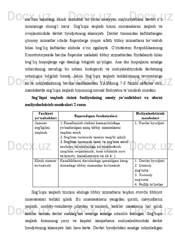 ma’lum   hajmdagi   klinik   xizmatlar   bo’yicha   muayyan   majburiyatlarni   davlat   o’z
zimmasiga   olmog’i   zarur.   Sog’liqni   saqlash   tizimi   mussasalarini   saqlash   va
rivojlantirishda   davlat   byudjetining   ahamiyati.   Davlat   tomonidan   kafolatlangan
ijtimoiy   xizmatlar   ichida   fuqarolarga   yuqori   sifatli   tibbiy   xizmatlarni   ko’rsatish
bilan   bog’liq   kafolatlar   alohida   o’rin   egallaydi.   O’zbekiston   Respublikasining
Konstitutsiyasida  barcha fuqarolar  malakali  tibbiy xizmatlardan foydalanish bilan
bog’liq   huquqlarga   ega   ekanligi   belgilab   qo’yilgan.   Ana   shu   huquqlarni   amalga
oshirishning   zarurligi   bu   sohani   boshqarish   va   moliyalashtirishda   davlatning
ustunligini   belgilab   beradi.   Jahon   Sog’liqni   saqlash   tashkilotining   tavsiyalariga
ko’ra   moliyalashning   barcha   manbalaridan   YAIMning   7-8   foizini   safarbar   etib,
mamlakatda sog’liqni saqlash tizimining normal faoliyatini ta’minlash mumkin.  
Sog’liqni   saqlash   tizimi   faoliyatining   asosiy   yo’nalishlari   va   ularni
moliyalashtirish manbalari 2 rasm
Sog’liqni   saqlash   tizimini   aholiga   tibbiy   xizmatlarni   taqdim   etuvchi   tibbiyot
muassasalari   tashkil   qiladi.   Bu   muassasalarni   yangidan   qurish,   mavjudlarini
saqlash,   moddiy-texnikaviy   jihatdan   ta’minlash,   kadrlar   masalasini   hal   qilish
kabilar   tarixan   davlat   mablag’lari   evaziga   amalga   oshirilib   kelingan.   Sog’liqni
saqlash   tizimining   joriy   va   kapital   xarajatlarini   moliyalashtirishda   davlat
byudjetining   ahamiyati   hali   ham   katta.   Davlat   byudjetidan   amalga   oshiriladigan