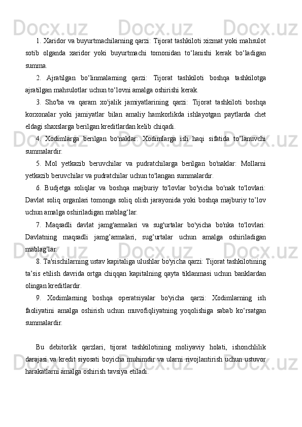 1. Xaridor va buyurtmachilarning qarzi: Tijorat tashkiloti xizmat yoki mahsulot
sotib   olganda   xaridor   yoki   buyurtmachi   tomonidan   to‘lanishi   kerak   bo‘ladigan
summa.
2.   Ajratilgan   bo‘linmalarning   qarzi:   Tijorat   tashkiloti   boshqa   tashkilotga
ajratilgan mahsulotlar uchun to‘lovni amalga oshirishi kerak.
3.   Sho'ba   va   qaram   xo'jalik   jamiyatlarining   qarzi:   Tijorat   tashkiloti   boshqa
korxonalar   yoki   jamiyatlar   bilan   amaliy   hamkorlikda   ishlayotgan   paytlarda   chet
eldagi shaxslarga berilgan kreditlardan kelib chiqadi.
4.   Xodimlarga   berilgan   bo'naklar:   Xodimlarga   ish   haqi   sifatida   to’lanuvchi
summalardir.
5.   Mol   yetkazib   beruvchilar   va   pudratchilarga   berilgan   bo'naklar:   Mollarni
yetkazib beruvchilar va pudratchilar uchun to'langan summalardir.
6.   Budjetga   soliqlar   va   boshqa   majburiy   to'lovlar   bo'yicha   bo'nak   to'lovlari:
Davlat  soliq organlari tomonga soliq olish jarayonida yoki boshqa majburiy to’lov
uchun amalga oshiriladigan mablag‘lar.
7.   Maqsadli   davlat   jamg'armalari   va   sug'urtalar   bo'yicha   bo'nka   to'lovlari:
Davlatning   maqsadli   jamg’armalari,   sug’urtalar   uchun   amalga   oshiriladigan
mablag’lar.
8. Ta'sischilarning ustav kapitaliga ulushlar bo'yicha qarzi: Tijorat tashkilotining
ta’sis   etilish   davrida   ortga   chiqqan   kapitalning   qayta   tiklanmasi   uchun   banklardan
olingan kreditlardir.
9.   Xodimlarning   boshqa   operatsiyalar   bo'yicha   qarzi:   Xodimlarning   ish
faoliyatini   amalga   oshirish   uchun   muvofiqliyatning   yoqolishiga   sabab   ko‘rsatgan
summalardir.
Bu   debitorlik   qarzlari,   tijorat   tashkilotining   moliyaviy   holati,   ishonchlilik
darajasi  va kredit siyosati  boyicha muhimdir va ularni rivojlantirish uchun ustuvor
harakatlarni amalga oshirish tavsiya etiladi. 