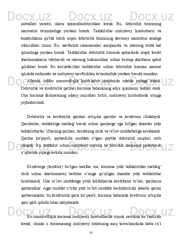 jadvallari   yaratib,   ularni   takomillashtirishlari   kerak.   Bu,   debitorlik   tizimining
nazoratini   ta'minlashga   yordam   beradi.   Tashkilotlar   moliyaviy   hisobotlarni   va
kuzatishlarni   qo'lda   tutish   orqali   debitorlik   tizimining   davomiy   nazoratini   amalga
oshirishlari   lozim.   Bu,   xavfsizlik   muammolari   aniqlanishi   va   ularning   tezda   hal
qilinishiga   yordam   beradi.   Tashkilotlar   debitorlik   tizimida   qatnashish   orqali   kredit
shartnomalarini   tekshirish   va   ularning   tushunishlari   uchun   boshqa   shartlarni   qabul
qilishlari   kerak.   Bu   ko'rsatkichlar   tashkilotlar   uchun   debitorlik   tizimini   nazorat
qilishda muhimdir va moliyaviy xavfsizlikni ta'minlashda yordam berishi mumkin.
Afsuski,   ushbu   nomuvofiqlik   hisob-kitob   jarayonida   odatda   yuzaga   keladi.
Debitorlik va kreditorlik qarzlari korxona balansining asliy qismlarini tashkil etadi.
Ular   korxona   faoliyatining   odatiy   jonzotlari   bo'lib,   moliyaviy   hisobotlarda   o'rniga
joylashtiriladi.
Debitorlik   va   kreditorlik   qarzlari   ortiqcha   qarzdor   va   kreditorni   ifodalaydi.
Qarzdorlar,   tashkilotga   mablag'   berish   uchun   qarzlarga   ega   bo'lgan   shaxslar   yoki
tashkilotlardir. Ularning qarzlari, kreditning olish va to'lov muddatlariga asoslanadi.
Qarzlar   ko'payib,   qaytarilishi   muddati   o tgan   paytda   debitorlik   miqdori   ortibʻ
chiqadi.   Bu,   tashkilot   uchun   moliyaviy   risvolni   va   likvidlik   darajasini   pasaytirish
o qibatida yuzaga kelishi mumkin.	
ʻ
Kreditorga   (kreditor)   bo lgan   taraflar   esa,   korxona   yoki   tashkilotdan   mablag	
ʻ ʻ
olish   uchun   shartnomaviy   tartiblar   o rniga   qo yilgan   shaxslar   yoki   tashkilotlar	
ʻ ʻ
hisoblanadi.   Ular   to lov   muddatiga   yetib   keldiklarida   kreditlarni   to lab,   qarzlarini	
ʻ ʻ
qaytaradilar. Agar muddat o tishi yoki to lov muddati kechiktirilishi sababli qarzni	
ʻ ʻ
qaytarmasalar, bu kreditorlik qarzi ko payib, korxona balansida  kreditorni  ortiqcha	
ʻ
qarz qilib qolishi bilan natijalanadi.
Bu nomuvofiqlik korxona moliyaviy hisobotlarida tizimli  ravishda  ko rsatilishi	
ʻ
kerak,   chunki   u   korxonaning   moliyaviy   holatining   aniq   tasvirlanishida   katta   ro l	
ʻ
25 