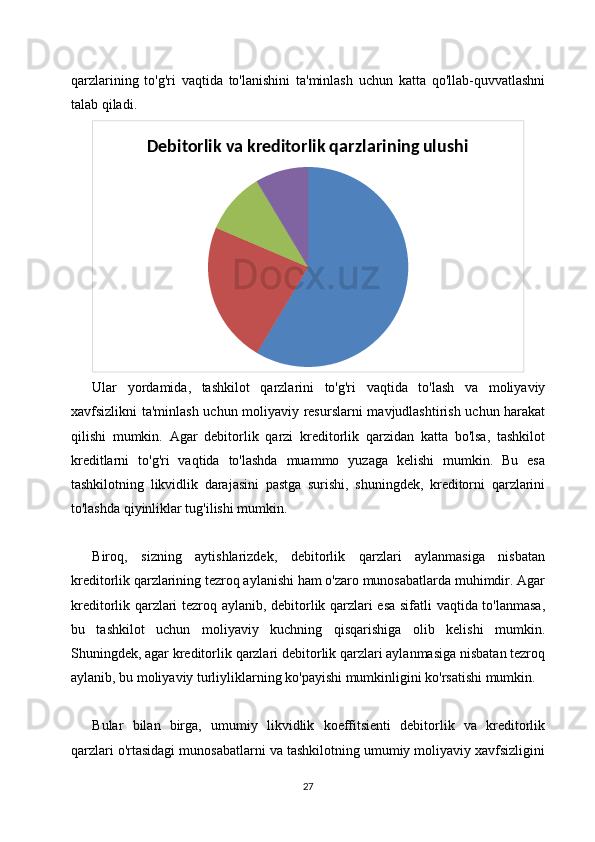 qarzlarining   to'g'ri   vaqtida   to'lanishini   ta'minlash   uchun   katta   qo'llab-quvvatlashni
talab qiladi.
Debitorlik va kreditorlik qarzlarining ulushi
Ular   yordamida,   tashkilot   qarzlarini   to'g'ri   vaqtida   to'lash   va   moliyaviy
xavfsizlikni ta'minlash uchun moliyaviy resurslarni  mavjudlashtirish uchun harakat
qilishi   mumkin.   Agar   debitorlik   qarzi   kreditorlik   qarzidan   katta   bo'lsa,   tashkilot
kreditlarni   to'g'ri   vaqtida   to'lashda   muammo   yuzaga   kelishi   mumkin.   Bu   esa
tashkilotning   likvidlik   darajasini   pastga   surishi,   shuningdek,   kreditorni   qarzlarini
to'lashda qiyinliklar tug'ilishi mumkin.
Biroq,   sizning   aytishlarizdek,   debitorlik   qarzlari   aylanmasiga   nisbatan
kreditorlik qarzlarining tezroq aylanishi ham o'zaro munosabatlarda muhimdir. Agar
kreditorlik qarzlari tezroq aylanib, debitorlik qarzlari esa sifatli vaqtida to'lanmasa,
bu   tashkilot   uchun   moliyaviy   kuchning   qisqarishiga   olib   kelishi   mumkin.
Shuningdek, agar kreditorlik qarzlari debitorlik qarzlari aylanmasiga nisbatan tezroq
aylanib, bu moliyaviy turliyliklarning ko'payishi mumkinligini ko'rsatishi mumkin.
Bular   bilan   birga,   umumiy   likvidlik   koeffitsienti   debitorlik   va   kreditorlik
qarzlari o'rtasidagi munosabatlarni va tashkilotning umumiy moliyaviy xavfsizligini
27 