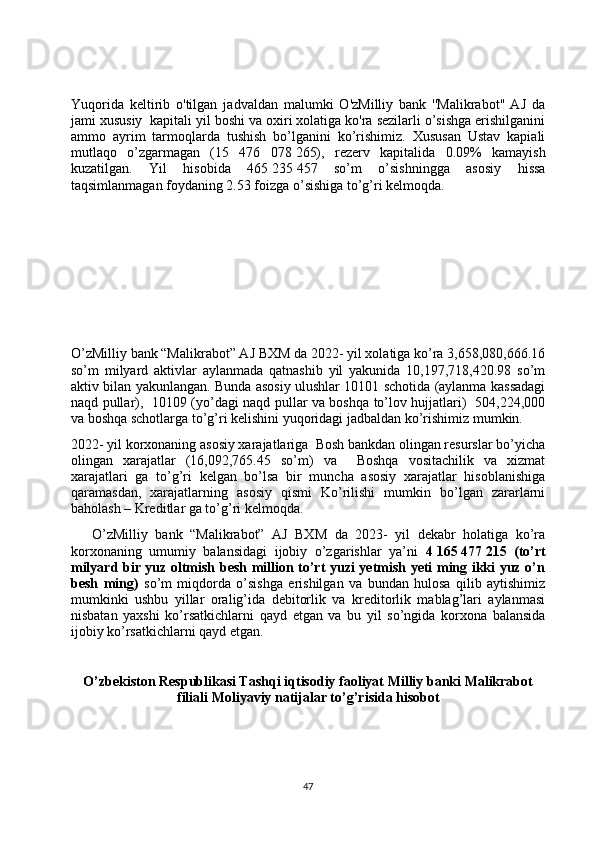 Yuqorida   keltirib   o'tilgan   jadvaldan   malumki   O'zMilliy   bank   ''Malikrabot''   AJ   da
jami xususiy  kapitali yil boshi va oxiri xolatiga ko'ra sezilarli o’sishga erishilganini
ammo   ayrim   tarmoqlarda   tushish   bo’lganini   ko’rishimiz.   Xususan   Ustav   kapiali
mutlaqo   o’zgarmagan   (15   476   078   265),   rezerv   kapitalida   0.09%   kamayish
kuzatilgan.   Yil   hisobida   465   235   457   so’m   o’sishningga   asosiy   hissa
taqsimlanmagan foydaning 2.53 foizga o’sishiga to’g’ri kelmoqda.
O’zMilliy bank “Malikrabot” AJ BXM da 2022- yil xolatiga ko’ra 3,658,080,666.16
so’m   milyard   aktivlar   aylanmada   qatnashib   yil   yakunida   10,197,718,420.98   so’m
aktiv bilan yakunlangan. Bunda asosiy ulushlar 10101 schotida (aylanma kassadagi
naqd pullar),   10109 (yo’dagi naqd pullar va boshqa to’lov hujjatlari)   504,224,000
va boshqa schotlarga to’g’ri kelishini yuqoridagi jadbaldan ko’rishimiz mumkin.
2022- yil korxonaning asosiy xarajatlariga  Bosh bankdan olingan resurslar bo’yicha
olingan   xarajatlar   (16,092,765.45   so’m)   va     Boshqa   vositachilik   va   xizmat
xarajatlari   ga   to’g’ri   kelgan   bo’lsa   bir   muncha   asosiy   xarajatlar   hisoblanishiga
qaramasdan,   xarajatlarning   asosiy   qismi   Ko’rilishi   mumkin   bo’lgan   zararlarni
baholash – Kreditlar ga to’g’ri kelmoqda.
      O’zMilliy   bank   “Malikrabot”   AJ   BXM   da   2023-   yil   dekabr   holatiga   ko’ra
korxonaning   umumiy   balansidagi   ijobiy   o’zgarishlar   ya’ni   4   165   477   215   (to’rt
milyard bir yuz oltmish besh million to’rt yuzi yetmish yeti ming ikki yuz o’n
besh   ming)   so’m   miqdorda   o’sishga   erishilgan   va   bundan   hulosa   qilib   aytishimiz
mumkinki   ushbu   yillar   oralig’ida   debitorlik   va   kreditorlik   mablag’lari   aylanmasi
nisbatan   yaxshi   ko’rsatkichlarni   qayd   etgan   va   bu   yil   so’ngida   korxona   balansida
ijobiy ko’rsatkichlarni qayd etgan.
O’zbekiston Respublikasi Tashqi iqtisodiy faoliyat Milliy banki Malikrabot
filiali Moliyaviy natijalar to’g’risida hisobot
47 
