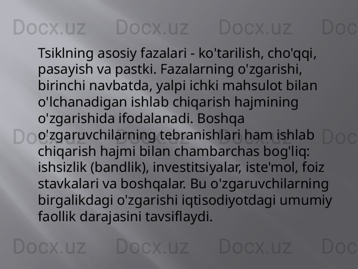 Tsiklning asosiy fazalari - ko'tarilish, cho'qqi, 
pasayish va pastki. Fazalarning o'zgarishi, 
birinchi navbatda, yalpi ichki mahsulot bilan 
o'lchanadigan ishlab chiqarish hajmining 
o'zgarishida ifodalanadi. Boshqa 
o'zgaruvchilarning tebranishlari ham ishlab 
chiqarish hajmi bilan chambarchas bog'liq: 
ishsizlik (bandlik), investitsiyalar, iste'mol, foiz 
stavkalari va boshqalar. Bu o'zgaruvchilarning 
birgalikdagi o'zgarishi iqtisodiyotdagi umumiy 
faollik darajasini tavsiflaydi. 