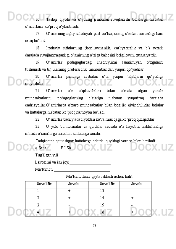 16.  Tashqi   qiyofa   va   o‘ y ining   jismonan   rivojlanishi   bolalarga   nisbatan
o‘smirlarni ko‘proq o‘ylantiradi.
17.  O‘ smirning aqliy salohiyati past bo‘lsa, uning o‘zidan noroziligi ham
ortiq bo‘ladi.
18.  Irodaviy   sifatlarning   (beriluvchanlik,   qat’iyatsizlik   va   b.)   yetarli
darajada rivojlanmaganligi o‘smirning o‘ziga bahosini belgilovchi xususiyatdir.
19.  O‘ smirlar   pedagoglardagi   insoniylikni   (samimiyat,   o‘zgalarni
tushunish va b.) ularning professional mahoratlaridan yuqori qo‘yadilar.
20.  O‘ smirlar   jamoaga   nisbatan   o‘ta   yuqori   talablarni   qo‘yishga
moyildirlar.
21.  O‘ smirlar   o‘z   o‘qituvchilari   bilan   o‘rnat a   olgan   yaxshi
munosabatlarini   pedagoglarning   o‘zlariga   nisbatan   yuqoriroq   darajada
qadrlaydilar. O‘ smirlarda   o‘zaro   munosabatlar   bilan   bog‘liq   qiyinchiliklar   bolalar
va kattalarga nisbatan ko‘proq namoyon bo‘ladi.
22.  O‘ smirlar badiiy adabiyotdan ko‘ra musiqaga ko‘proq qiziqadilar.
23.  U   yoki   bu   normalar   va   qoidalar   asosida   o‘z   hayotini   tashkillashga
intilish o‘smirlarga nisbatan kattalarga xosdir.
Tadqiqotda qatnashgan kattalarga odatda  quyidagi varaqa bilan beriladi:
« Sana ______ F.I.Sh. ____________________
Tug‘ilgan yili_______ 
Lavozimi va ish joyi____________________
Ma’lumoti ___________________________
Ma’lumotlarni qayta ishlash uchun kalit
Savol № Javob Savol № Javob
1
2
3
4 +
+
-
+ 13
14
15
16 -
+
-
+
73 