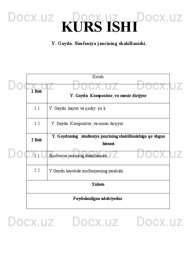KURS   ISHI
Y. Gaydn.	 Simfoniya	 janrining	 shakillanishi.
Kirish 
1	
 Bob
Y.	
 Gaydn     Kompozitor,	 va	 moxir	 dirijyor	 
1.1 Y. Gaydn   hayoti va ijodiy  yo`li 
1.2    Y. Gaydn   Kompozitor, va moxir dirijyor
2	
 Bob	  Y.	
 Gaydnning	    s imfoniya	 janrining	 shakillanishiga	 qo`shgan
hissasi
2.1 Simfoniya janrining shakillanishi.
2.2
Y.Gaydn hayotida simfoniyaning yaralishi.
Xulosa	
 
Foydalanilgan	
 adabiyotlar	  