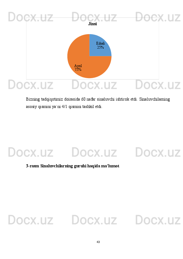 Erkak
25%
Ayol
75% Jinsi
Bizning tadqiqotimiz doirasida 60 nafar sinaluvchi ishtirok etdi. Sinaluvchilarning
asosiy qismini ya`ni 4/1 qismini tashkil etdi. 
3-rasm Sinaluvchilarning guruhi haqida ma’lumot
43 