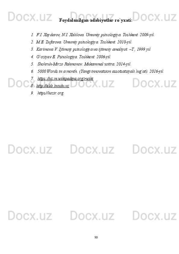Foydalanilgan adabiyotlar ro`yxati:
1. F.I. Xaydarov, N.I. Xalilova. Umumiy psixologiya. Toshkent. 2009-yil.
2. M.E. Zufarova. Umumiy psixologiya. Toshkent. 2010-yil.
3. Karimova V. Ijtimoiy psixologiya va ijtimoiy amaliyot. –T., 1999 yil
4. G’oziyev E. Psixologiya. Toshkent. 2006-yil.
5.  Shohruh-Mirzo Rahmonov. Mukammal xotira. 2014-yil.
6.  5000 Words in a month. (Yangi innovatsion assotsatsiyali lug’at). 2016-yil.
7.   https://uz.m.wikipediya.org>wiki
8. http://elib.buxdu.uz   
9.  https//hozir.org
50 