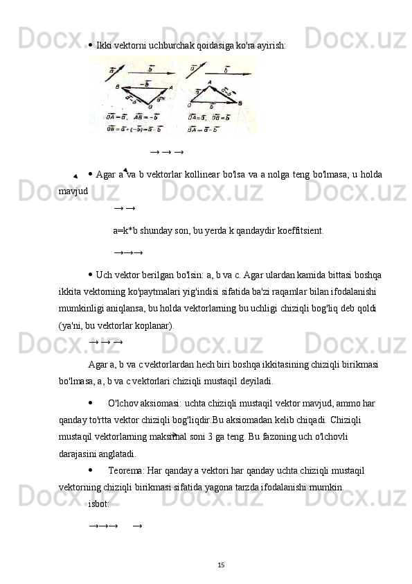  Ikki vektorni uchburchak qoidasiga ko'ra ayirish:
→ → →
 Agar a va b vektorlar kollinear bo'lsa va a nolga teng bo'lmasa, u holda
mavjud
→ →
a=k*b shunday son, bu yerda k qandaydir koeffitsient.
→→→  
 Uch vektor berilgan bo'lsin: a, b va c. Agar ulardan kamida bittasi boshqa
ikkita vektorning ko'paytmalari yig'indisi sifatida ba'zi raqamlar bilan ifodalanishi 
mumkinligi aniqlansa, bu holda vektorlarning bu uchligi chiziqli bog'liq deb qoldi 
(ya'ni, bu vektorlar koplanar).
→ → →
Agar a, b va c vektorlardan hech biri boshqa ikkitasining chiziqli birikmasi 
bo'lmasa, a, b va c vektorlari chiziqli mustaqil deyiladi.
 O'lchov aksiomasi: uchta chiziqli mustaqil vektor mavjud, ammo har 
qanday to'rtta vektor chiziqli bog'liqdir.Bu aksiomadan kelib chiqadi.  Chiziqli 
mustaqil vektorlarning maksimal soni 3 ga teng. Bu fazoning uch o'lchovli 
darajasini anglatadi.
 Teorema: Har qanday a vektori har qanday uchta chiziqli mustaqil 
vektorning chiziqli birikmasi sifatida yagona tarzda ifodalanishi mumkin.
isbot:
→→→ →
15 