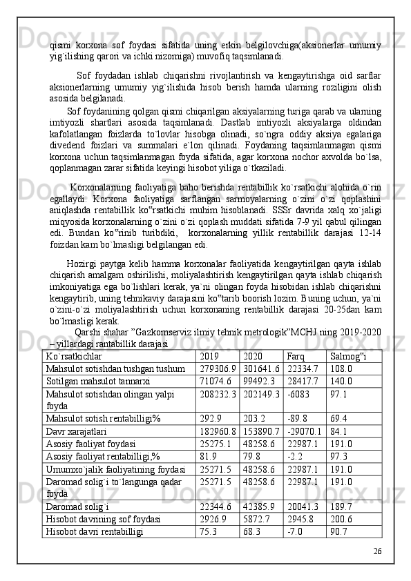 qismi   korxona   sof   foydasi   sifatida   uning   erkin   belgilovchiga(aksionerlar   umumiy
yig`ilishing qarori va ichki nizomiga) muvofiq taqsimlanadi. 
            Sof   foydadan   ishlab   chiqarishni   rivojlantirish   va   kengaytirishga   oid   sarflar
aksionerlarning   umumiy   yig`ilishida   hisob   berish   hamda   ularning   roziligini   olish
asosida belgilanadi. 
       Sof foydanining qolgan qismi chiqarilgan aksiyalarning turiga qarab va ularning
imtiyozli   shartlari   asosida   taqsimlanadi.   Dastlab   imtiyozli   aksiyalarga   oldindan
kafolatlangan   foizlarda   to`lovlar   hisobga   olinadi,   so`ngra   oddiy   aksiya   egalariga
divedend   foizlari   va   summalari   e`lon   qilinadi.   Foydaning   taqsimlanmagan   qismi
korxona uchun taqsimlanmagan foyda sifatida, agar korxona nochor axvolda bo`lsa,
qoplanmagan zarar sifatida keyingi hisobot yiliga o`tkaziladi. 
            Korxonalarning   faoliyatiga   baho   berishda   rentabillik  ko`rsatkichi   alohida  o`rin
egallaydi.   Korxona   faoliyatiga   sarflangan   sarmoyalarning   o`zini   o`zi   qoplashini
aniqlashda   rentabillik   ko rsatkichi   muhim   hisoblanadi.   SSSr   davrida   xalq   xo`jaligi‟
miqyosida korxonalarning o`zini o`zi qoplash muddati sifatida 7-9 yil qabul qilingan
edi.   Bundan   ko rinib   turibdiki,     korxonalarning   yillik   rentabillik   darajasi   12-14	
‟
foizdan kam bo`lmasligi belgilangan edi. 
          Hozirgi   paytga   kelib   hamma   korxonalar   faoliyatida   kengaytirilgan   qayta   ishlab
chiqarish amalgam oshirilishi, moliyalashtirish kengaytirilgan qayta ishlab chiqarish
imkoniyatiga ega bo`lishlari  kerak, ya`ni olingan foyda hisobidan ishlab chiqarishni
kengaytirib, uning tehnikaviy darajasini ko tarib boorish lozim. Buning uchun, ya`ni	
‟
o`zini-o`zi   moliyalashtirish   uchun   korxonaning   rentabillik   darajasi   20-25dan   kam
bo`lmasligi kerak. 
          Qarshi shahar ”Gazkomserviz ilmiy tehnik metrologik”MCHJ ning 2019-2020
– yillardagi rantabillik darajasi  
Ko ` rsatkichlar 20 19 20 20 Farq Salmog i	
‟
Mahsulot sotishdan tushgan tushum 279306.9 301641.6 22334.7 108.0
Sotilgan mahsulot tannarxi 71074.6 99492.3 28417.7 140.0
Mahsulot sotishdan olingan yalpi 
foyda 208232.3 202149.3 -6083 97.1
Mahsulot sotish rentabilligi% 292.9 203.2 -89.8 69.4
Davr xarajatlari 182960.8 153890.7 -29070.1 84.1
Asosiy faoliyat foydasi 25275.1 48258.6 22987.1 191.0
Asosiy faoliyat rentabilligi,% 81.9 79.8 -2.2 97.3
Umumxo ` jalik faoliyatining foydasi 25271.5 48258.6 22987.1 191.0
Daromad solig`i to`langunga qadar 
foyda 25271.5 48258.6 22987.1 191.0
Daromad solig ` i 22344.6 42385.9 20041.3 189.7
Hisobot davrining sof foydasi 2926.9 5872.7 2945.8 200.6
Hisobot davri rentabilligi 75.3 68.3 -7.0 90.7
  26