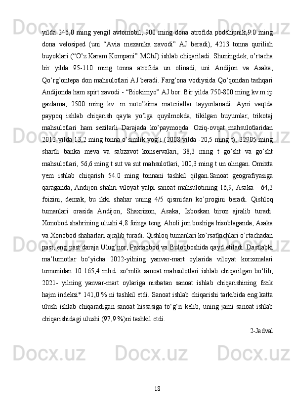 yilda   246,0   ming   yengil   avtomobil,   900   ming   dona   atrofida   podshipnik,9.0   ming
dona   velosiped   (uni   “Avia   mexanika   zavodi”   AJ   beradi),   4213   tonna   qurilish
buyoklari (“O’z Karam Kompani” MChJ) ishlab chiqariladi. Shuningdek, o’rtacha
bir   yilda   95-110   ming   tonna   atrofida   un   olinadi,   uni   Andijon   va   Asaka,
Qo’rg’ontepa don mahsulotlari AJ beradi. Farg’ona vodiysida Qo’qondan tashqari
Andijonda ham spirt zavodi - “Biokimyo” AJ bor. Bir yilda 750-800 ming kv.m ip
gazlama,   2500   ming   kv.   m   noto’kima   materiallar   tayyorlanadi.   Ayni   vaqtda
paypoq   ishlab   chiqarish   qayta   yo’lga   quyilmokda,   tikilgan   buyumlar,   trikotaj
mahsulotlari   ham   sezilarli   Darajada   ko’paymoqda.   Oziq-ovqat   mahsulotlaridan
2012-yilda 13,2 ming tonna o’simlik yog’i (2008 yilda -20,5 ming t), 32905 ming
shartli   banka   meva   va   sabzavot   konservalari,   38,3   ming   t   go’sht   va   go’sht
mahsulotlari, 56,6 ming t sut va sut mahsulotlari, 100,3 ming t un olingan. Omixta
yem   ishlab   chiqarish   54.0   ming   tonnani   tashkil   qilgan.Sanoat   geografiyasiga
qaraganda,   Andijon   shahri   viloyat   yalpi   sanoat   mahsulotining   16,9,   Asaka   -   64,3
foizini,   demak,   bu   ikki   shahar   uning   4/5   qismidan   ko’progini   beradi.   Qishloq
tumanlari   orasida   Andijon,   Shaxrixon,   Asaka,   Izboskan   biroz   ajralib   turadi.
Xonobod shahrining ulushi 4,8 foizga teng. Aholi jon boshiga hisoblaganda, Asaka
va Xonobod shaharlari ajralib turadi. Qishloq tumanlari ko’rsatkichlari o’rtachadan
past, eng past daraja Ulug’nor, Paxtaobod va Buloqboshida qayd etiladi.   Dastlabki
ma’lumotlar   bo‘yicha   2022-yilning   yanvar-mart   oylarida   viloyat   korxonalari
tomonidan   10   165,4   mlrd.   so‘mlik   sanoat   mahsulotlari   ishlab   chiqarilgan   bo‘lib,
2021-   yilning   yanvar-mart   oylariga   nisbatan   sanoat   ishlab   chiqarishining   fizik
hajm indeksi* 141,0 % ni tashkil etdi. Sanoat ishlab chiqarishi tarkibida eng katta
ulush   ishlab   chiqaradigan   sanoat   hissasiga   to‘g‘ri   kelib,   uning   jami   sanoat   ishlab
chiqarishidagi ulushi (97,9 %)ni tashkil etdi.
2-Jadval
18 