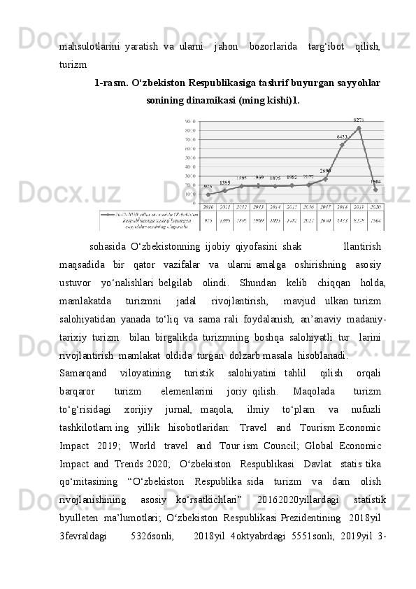 mahsulotlarini yaratish	 va   ularni	   jahon	   bozorlarida	   targ‘ibot	   qilish,	 
turizm
1-rasm. O‘zbekiston Respublikasiga tashrif buyurgan sayyohlar
sonining dinamikasi (ming kishi)1.
sohasida   O ‘ zbekistonning   ijobiy   qiyofasini   shak   llantirish  
maqsadida  	
  bir  	  qator  	  vazifalar  	  va  	  ularni   amalga  	  oshirishning  	  asosiy  
ustuvor  	
  yo ‘ nalishlari   belgilab  	  olindi .	 	  Shundan  	  kelib  	  chiqqan  	  holda ,
mamlakatda  	
  turizmni  	  jadal  	  rivojlantirish ,	 	  mavjud   ulkan   turizm  
salohiyatidan   yanada   to ‘ liq   va   sama   rali   foydalanish ,	
  an ’ anaviy   madaniy -
tarixiy   turizm   bilan   birgalikda   turizmning   boshqa   salohiyatli   tur   larini  
rivojlantirish   mamlakat   oldida   turgan   dolzarb   masala   hisoblanadi .
Samarqand     viloyatining     turistik     salohiyatini   tahlil     qilish     orqali  
barqaror     turizm     elemenlarini   joriy   qilish.   Maqolada     turizm  
to‘g‘risidagi     xorijiy     jurnal,   maqola,     ilmiy     to‘plam     va     nufuzli  
tashkilotlarn   ing     yillik     hisobotlaridan:     Travel     and     Tourism Economic  
Impact    2019;    World    travel    and    Tour  ism   Council;   Global   Economic  
Impact   and   Trends 2020;     O zbekiston	
ʻ     Respublikasi     Davlat     statis   tika  
qo‘mitasining     “O‘zbekiston     Respublika   sida     turizm     va     dam     olish  
rivojlanishining     asosiy   ko‘rsatkichlari”     2016 2020 yillardagi     statistik
byulleten   ma’lumotlari;   O zbekiston	
ʻ   Respublikasi Prezidentining    2018 yil  
3 fevraldagi     5326 sonli,   2018 yil   4 oktyabrdagi   5551 sonli,   2019 yil   3 - 