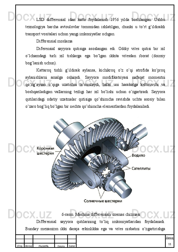 O’zg. Varoq Hujjat№.
Imzo Sana Varoq
 LSD   differensial   idan   katta   foydalanish   1956   yilda   boshlangan.   Ushbu
texnologiya   barcha   avtoulovlar   tomonidan   ishlatilgan,   chunki   u   to’rt   g’ildirakli
transport vositalari uchun yangi imkoniyatlar ochgan.
Differensial moslama
Diferensial   sayyora   qutisiga   asoslangan   edi.   Oddiy   vites   qutisi   bir   xil
o’lchamdagi   turli   xil   tishlarga   ega   bo’lgan   ikkita   vitesdan   iborat   (doimiy
bog’lanish uchun).
Kattaroq   tishli   g’ildirak   aylansa,   kichikroq   o’z   o’qi   atrofida   ko’proq
aylanishlarni   amalga   oshiradi.   Sayyora   modifikatsiyasi   nafaqat   momentni
qo’zg’aysan   o’qiga   uzatishni   ta’minlaydi,   balki   uni   harakatga   keltiruvchi   va
boshqariladigan   vallarning   tezligi   har   xil   bo’lishi   uchun   o’zgartiradi.   Sayyora
qutilaridagi   odatiy   uzatmalar   qutisiga   qo’shimcha   ravishda   uchta   asosiy   bilan
o’zaro bog’liq bo’lgan bir nechta qo’shimcha elementlardan foydalaniladi.
6-rasm.  Mashina differensiali sxemas chizmasi
Differensial   sayyora   qutilarining   to’liq   imkoniyatlaridan   foydalanadi.
Bunday   mexanizm   ikki   daraja   erkinlikka   ega   va   vites   nisbatini   o’zgartirishga
11 