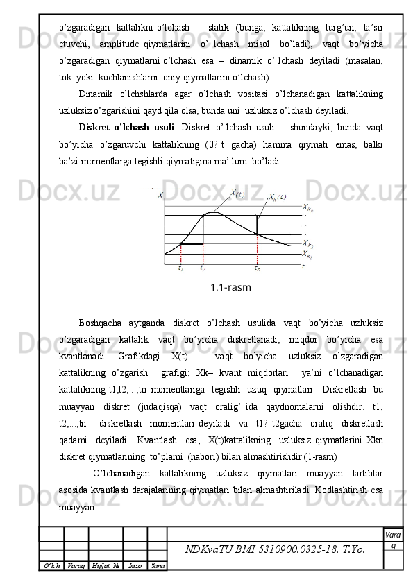 o’zgaradigan     kattalikni   o’lchash    –   statik     (bunga,   kattalikning   turg’un,   ta’sir
etuvchi,     amplitude   qiymatlarini     o’   lchash     misol     bo’ladi),     vaqt     bo’yicha
o’zgaradigan  qiymatlarni o’lchash  esa  –  dinamik  o’ lchash  deyiladi  (masalan,
tok  yoki  kuchlanishlarni  oniy qiymatlarini o’lchash).
Dinamik    o’lchshlarda     agar     o’lchash     vositasi     o’lchanadigan     kattalikning
uzluksiz o’zgarishini qayd qila olsa, bunda uni  uzluksiz o’lchash deyiladi.
Diskret  o’lchash  usuli .  Diskret  o’ lchash  usuli  –  shundayki,  bunda  vaqt
bo’yicha   o’zgaruvchi    kattalikning   (0? t   gacha)   hamma   qiymati   emas,   balki
ba’zi momentlarga tegishli qiymatigina ma’ lum  bo’ladi.
1.1-rasm
Boshqacha     aytganda     diskret     o’lchash     usulida     vaqt     bo’yicha     uzluksiz
o’zgaradigan     kattalik     vaqt     bo’yicha     diskretlanadi,     miqdor     bo’yicha     esa
kvantlanadi.     Grafikdagi     X(t)     –     vaqt     bo’yicha     uzluksiz     o’zgaradigan
kattalikning   o’zgarish     grafigi;   Xk–   kvant   miqdorlari     ya’ni   o’lchanadigan
kattalikning  t1,t2,...,tn–momentlariga    tegishli    uzuq     qiymatlari.    Diskretlash     bu
muayyan     diskret     (judaqisqa)     vaqt     oralig’   ida     qaydnomalarni     olishdir.     t1,
t2,...,tn–     diskretlash     momentlari   deyiladi     va     t1?   t2gacha     oraliq     diskretlash
qadami     deyiladi.     Kvantlash     esa,     X(t)kattalikning     uzluksiz   qiymatlarini   Xkn
diskret qiymatlarining  to’plami  (nabori) bilan almashtirishdir (1-rasm)
      O’lchanadigan     kattalikning     uzluksiz     qiymatlari     muayyan     tartiblar
asosida   kvantlash   darajalarining   qiymatlari   bilan   almashtiriladi.   Kodlashtirish   esa
muayyan
NDKvaTU BMI  5310900.0325- 18.  T.Yo. Vara
q
O ’ lch Varaq Hujjat   № Imzo Sana 