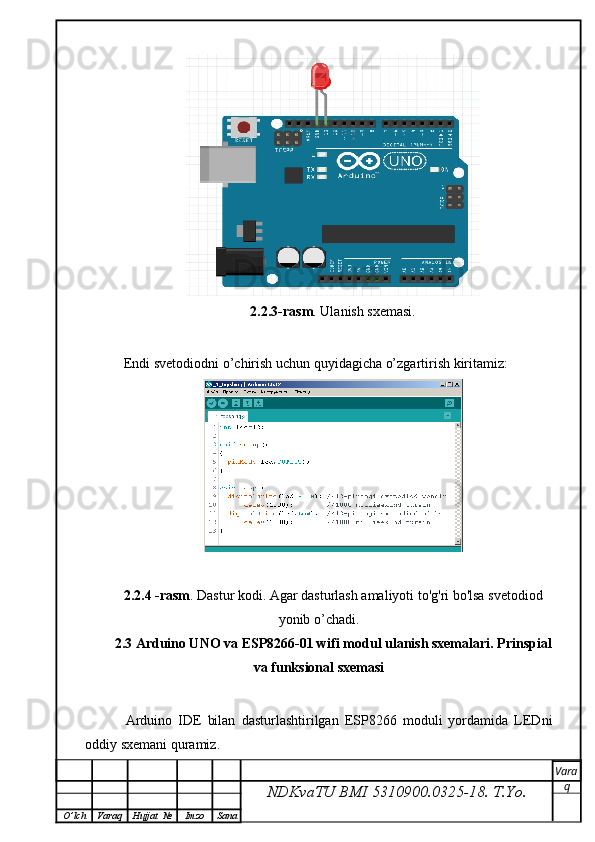 2.2.3-rasm . Ulanish sxemasi.
   Endi svetodiodni o’chirish uchun quyidagicha o’zgartirish kiritamiz:
2.2.4 -rasm . Dastur kodi. Agar dasturlash amaliyoti to'g'ri bo'lsa svetodiod
yonib o’chadi.
2.3 Arduino UNO va ESP8266-01 wifi modul ulanish sxemalari. Prinspial
va funksional sxemasi
    Arduino   IDE   bilan   dasturlashtirilgan   ESP8266   moduli   yordamida   LEDni
oddiy sxemani quramiz.
NDKvaTU BMI  5310900.0325- 18.  T.Yo. Vara
q
O ’ lch Varaq Hujjat   № Imzo Sana 
