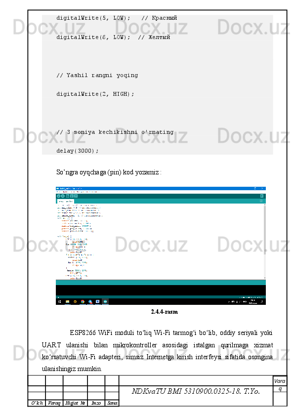 digitalWrite(5, LOW);   //  Красный
digitalWrite(6, LOW);  //  Желтый
 
//  Yashil rangni yoqing
digitalWrite(2, HIGH);           
// 3 soniya kechikishni o'rnating
delay(3000);
So’ngra oyqchaga (pin) kod yozamiz :
2.4.4-rasm
            ESP8266 WiFi moduli to liq Wi-Fi tarmog i bo lib, oddiy seriyali yokiʻ ʻ ʻ
UART   ulanishi   bilan   mikrokontroller   asosidagi   istalgan   qurilmaga   xizmat
ko rsatuvchi   Wi-Fi   adapteri,   simsiz   Internetga   kirish   interfeysi   sifatida   osongina	
ʻ
ulanishingiz mumkin.
NDKvaTU BMI  5310900.0325- 18.  T.Yo. Vara
q
O ’ lch Varaq Hujjat   № Imzo Sana 