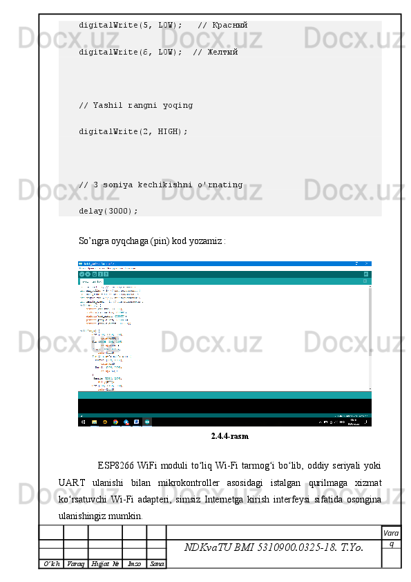 digitalWrite(5, LOW);   //  Красный
digitalWrite(6, LOW);  //  Желтый
 
//  Yashil rangni yoqing
digitalWrite(2, HIGH);           
// 3 soniya kechikishni o'rnating
delay(3000);
So’ngra oyqchaga (pin) kod yozamiz :
2.4.4-rasm
            ESP8266 WiFi moduli to liq Wi-Fi tarmog i bo lib, oddiy seriyali yokiʻ ʻ ʻ
UART   ulanishi   bilan   mikrokontroller   asosidagi   istalgan   qurilmaga   xizmat
ko rsatuvchi   Wi-Fi   adapteri,   simsiz   Internetga   kirish   interfeysi   sifatida   osongina	
ʻ
ulanishingiz mumkin.
NDKvaTU BMI  5310900.0325- 18.  T.Yo. Vara
q
O ’ lch Varaq Hujjat   № Imzo Sana