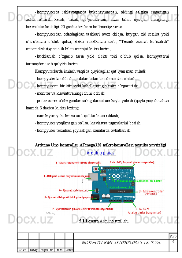 - kompyuterda   ishlayotganda   bukchaymasdan,   oldingi   salgina   engashgan
xolda   o tirish   kerak,   tirsak,   qo ymich-son,   tizza   bilan   oyoqlar   oraligidagiʼ ʼ
burchaklar kattaligi 90 gradusdan kam bo lmasligi zarur;	
ʼ
- kompyuterdan   odatdagidan   tashkari   ovoz   chiqsa,   kuygan   xid   sezilsa   yoki
o z-o zidan   o chib   qolsa,   elektr   rozetkadan   uzib,   “Texnik   xizmat   ko rsatish”	
ʼ ʼ ʼ ʼ
muxandislariga zudlik bilan murojat kilish lozim;
- kuchlanish   o zgarib   tursa   yoki   elektr   toki   o chib   qolsa,   kompyuterni	
ʼ ʼ
tarmoqdan uzib qo yish lozim.
ʼ
Kompyuterlarda ishlash vaqtida quyidagilar qat iyan man etiladi:	
ʼ
- kompyuterda ishlash qoidalari bilan tanishmasdan ishlash;
- kompyuterni biriktiruvchi kabellarning o rnini o zgartirish;	
ʼ ʼ
- monitor va klaviaturaning ichini ochish;
- protsessorni o chirgandan so ng darxol uni kayta yokish (qayta yoqish uchun	
ʼ ʼ
kamida 3 daqiqa kutish lozim);
- nam kiyim yoki kir va xo l qo llar bilan ishlash;	
ʼ ʼ
- kompyuter yoqilmagan bo lsa, klaviatura tugmalarini bosish;
ʼ
- kompyuter texnikasi joylashgan xonalarda ovkatlanish.
Arduino Uno kontroller ATmega328 mikrokontrolleri texnika xavsizligi
5.1.1-rasm  Arduino tuzilishi
NDKvaTU BMI  5310900.0325- 18.  T.Yo. Vara
q
O ’ lch Varaq Hujjat   № Imzo Sana 