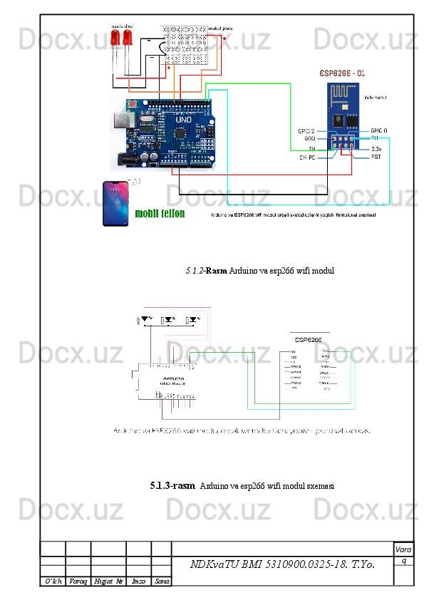                                        5.1.2 - Rasm  Arduino va esp266 wifi modul
5.1.3-rasm   Arduino va esp266 wifi modul sxemasi
NDKvaTU BMI  5310900.0325- 18.  T.Yo. Vara
q
O ’ lch Varaq Hujjat   № Imzo Sana 