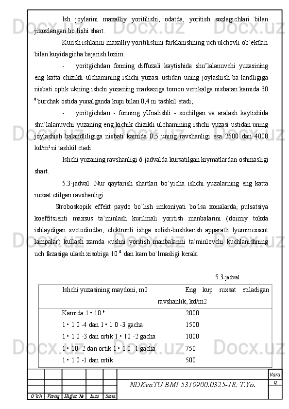 Ish   joylarini   maxalliy   yoritilishi,   odatda,   yoritish   sozlagichlari   bilan
jixozlangan bo`lishi shart.
Kurish ishlarini maxalliy yoritilishini farklanishning uch ulchovli ob’ektlari
bilan kuyidagicha bajarish lozim:
- yoritgichdan   fonning   diffuzali   kaytishida   shu’lalanuvchi   yuzasining
eng   katta   chizikli   ulchamining   ishchi   yuzasi   ustidan   uning   joylashish   ba-landligiga
nisbati optik ukning ishchi yuzaning markaziga tomon vertikalga nisbatan kamida 30
0 
burchak ostida yunalganda kupi bilan 0,4 ni tashkil etadi;
- yoritgichdan   -   fonning   yUnalishli   -   sochilgan   va   aralash   kaytishida
shu’lalanuvchi yuzaning eng kichik chizikli ulchamining ishchi yuzasi ustidan uning
joylashish   balandliligiga   nisbati   kamida   0,5   uning   ravshanligi   esa   2500   dan   4000
kd/m 2 
ni tashkil etadi.
Ishchi yuzaning ravshanligi 6-jadvalda kursatilgan kiymatlardan oshmasligi
shart.
5.3-jadval.   Nur   qaytarish   shartlari   bo`yicha   ishchi   yuzalarning   eng   katta
ruxsat etilgan ravshanligi
Stroboskopik   effekt   paydo   bo`lish   imkoniyati   bo`lsa   xonalarda,   pulsatsiya
koeffitsienti   maxsus   ta’minlash   kurilmali   yoritish   manbalarini   (doimiy   tokda
ishlaydigan   svetodiodlar,   elektronli   ishga   solish-boshkarish   apparatli   lyuminessent
lampalar)   kullash   xamda   «ushni   yoritish   manbalarini   ta’minlovchi   kuchlanishning
uch fazasiga ulash xisobiga 10  0 
 dan kam bo`lmasligi kerak.
                                                                                          5.3 -jadval
Ishchi yuzasining maydoni, m2 Eng   kup   ruxsat   etiladigan
ravshanlik, kd/m2
Kamida 1 • 10  4
1 • 1 0 -4 dan 1 • 1 0 -3 gacha
1 • 1 0 -3 dan ortik 1 • 10 -2 gacha
1 • 10 -2 dan ortik 1 • 1 0 -1 gacha
1 • 1 0 -1 dan ortik 2000
1500
1000
750
500
NDKvaTU BMI  5310900.0325- 18.  T.Yo. Vara
q
O ’ lch Varaq Hujjat   № Imzo Sana